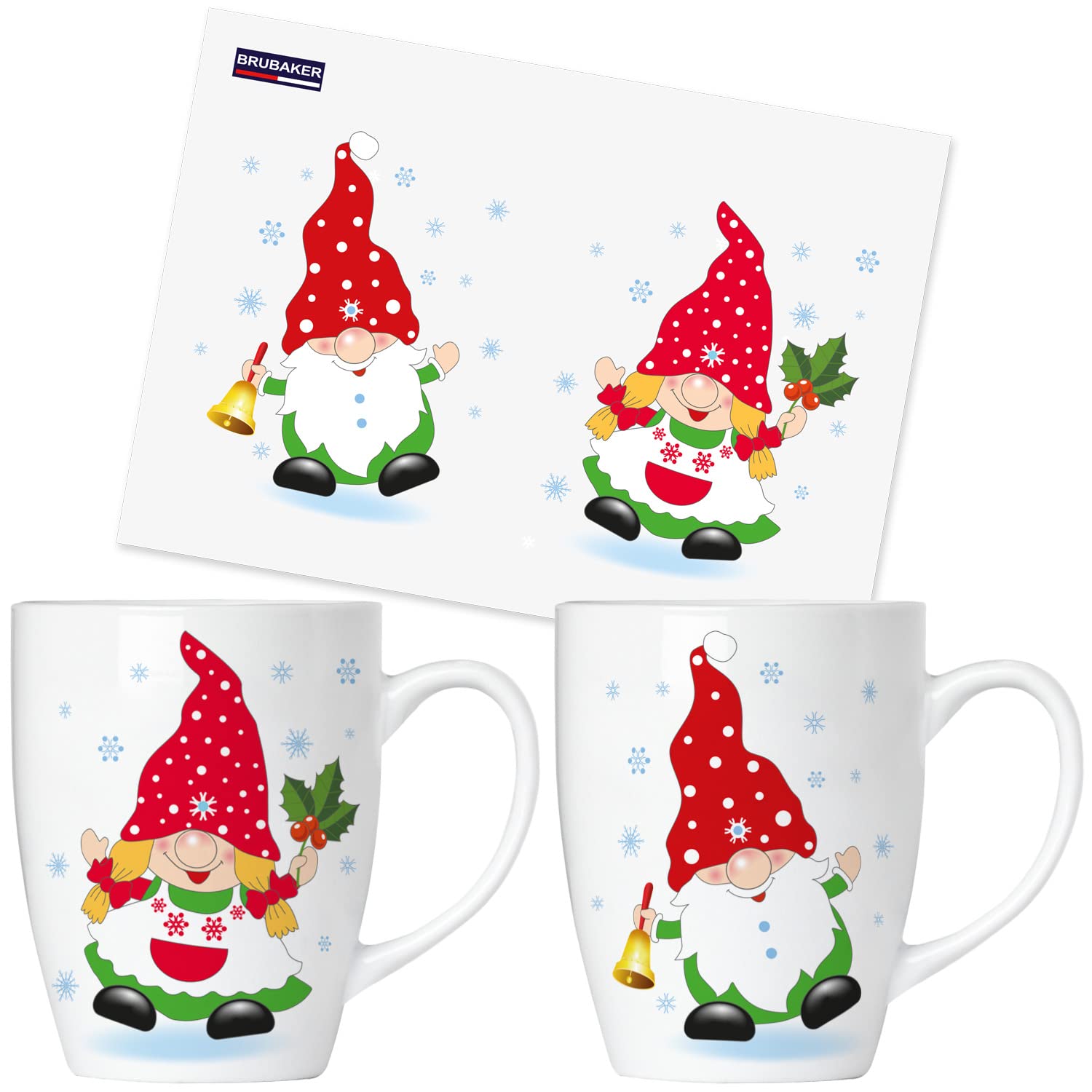 Image of Brubaker Christmas Gnomes Coffee Mugs With Greeting Card - Christmas Coffee Cups - 300 Ml Elf Mug Gift Set