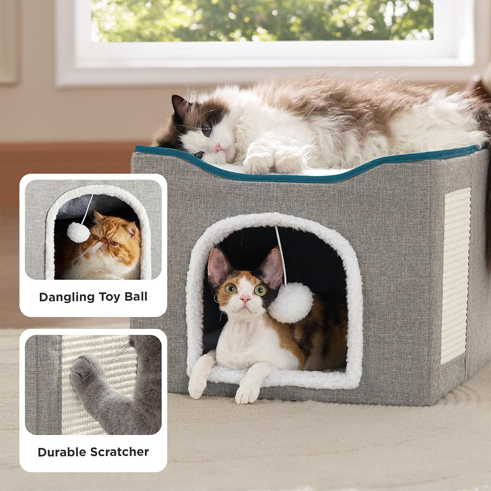 Foldable Cat Cave House with Scratch Pad, Cozy Cube Design