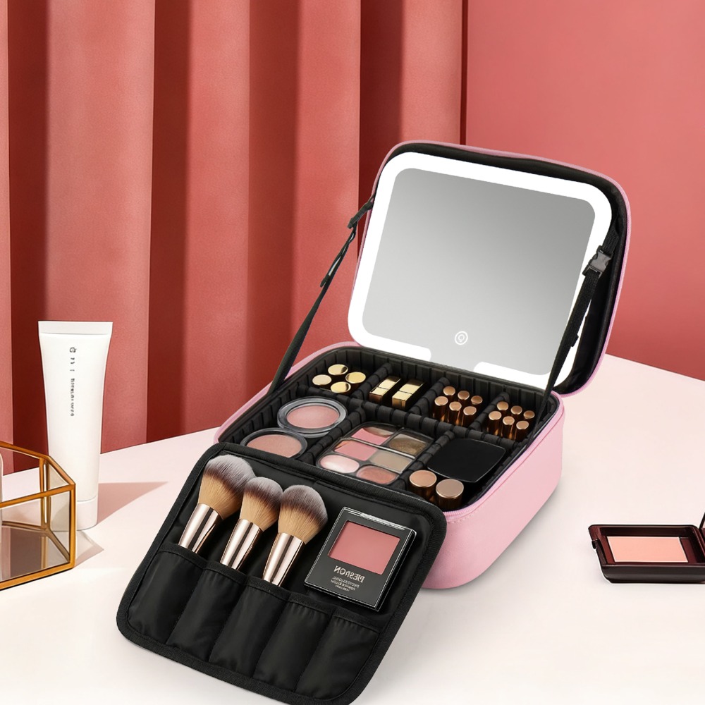 Image of Cosmetic Bag With Mirror 2-in-1, Large Travel Makeup Bag & Brush Organizer, Portable Beauty Storage Bag For