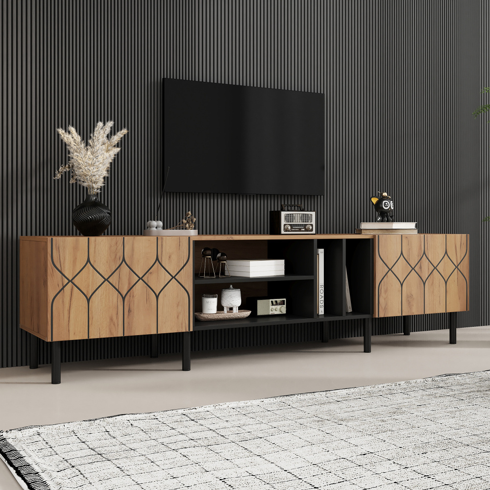 Image of Tv Cabinet With 2 Doors, 4 Open Storage Compartments, Modern Lowboard Made Of Particle Board, Tv Stand For Living Room, For Tvs Up Inches, Natural + Black, 180x40x50 Cm