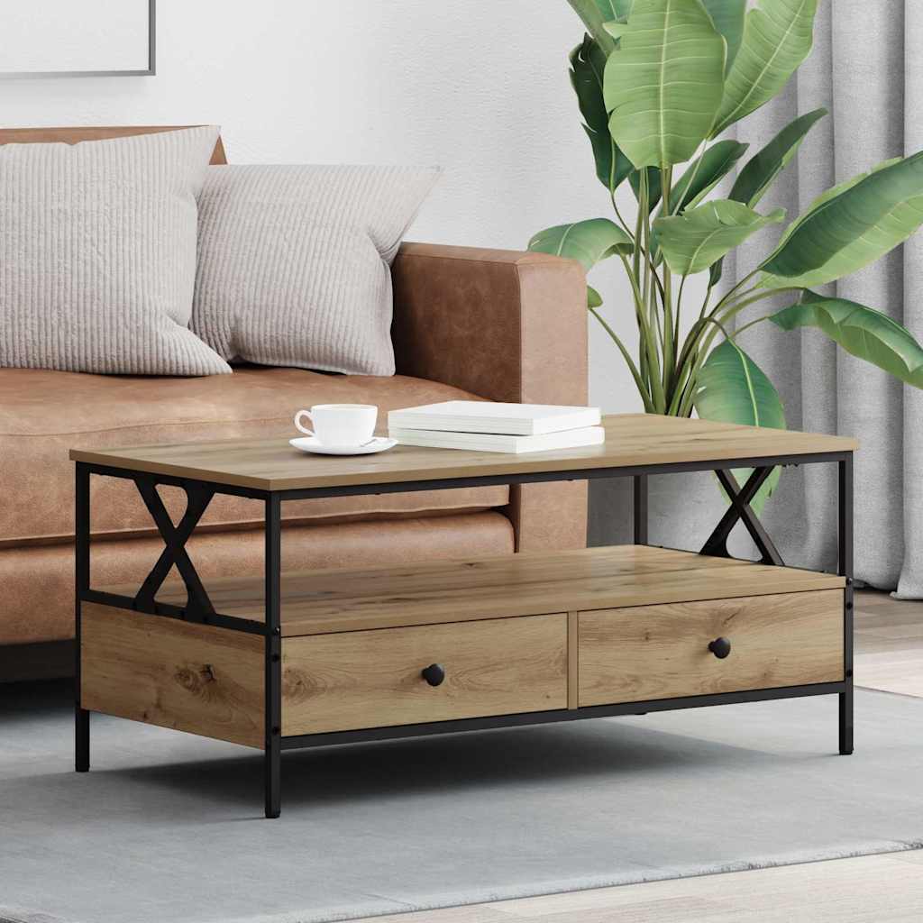 Image of Vidaxl Coffee Table Oak, Wood And Metal, 100 X 51 X , With Storage Space, Brown-black Surface, For Indoor Use, , Easy To Clean, Living Room Accent, Rectangular