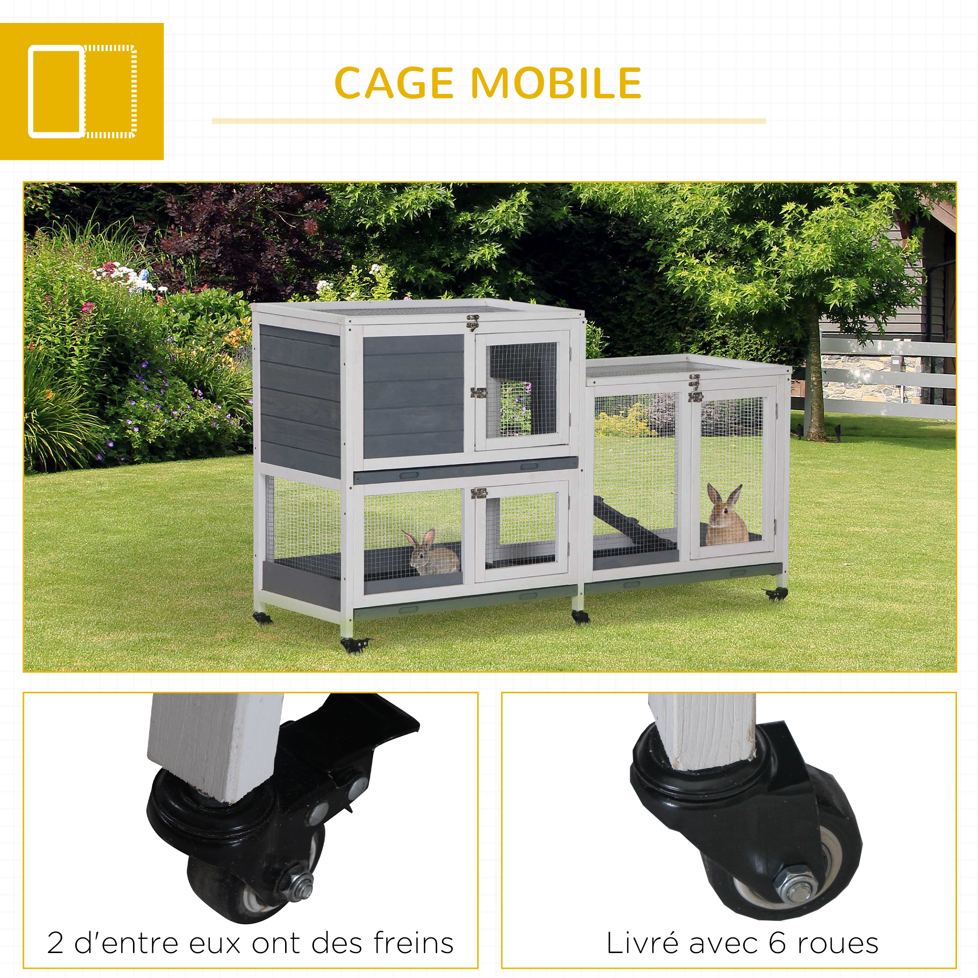 Pawhut Rabbit Clapier Wooden Rabbit Hutch on Wheels 147 X 45.5 X 88.5 Cm 2-Tier Rabbit Cage with Opening Roof 3 Removable Trays 3 Doors with Latch And Ramp Grey