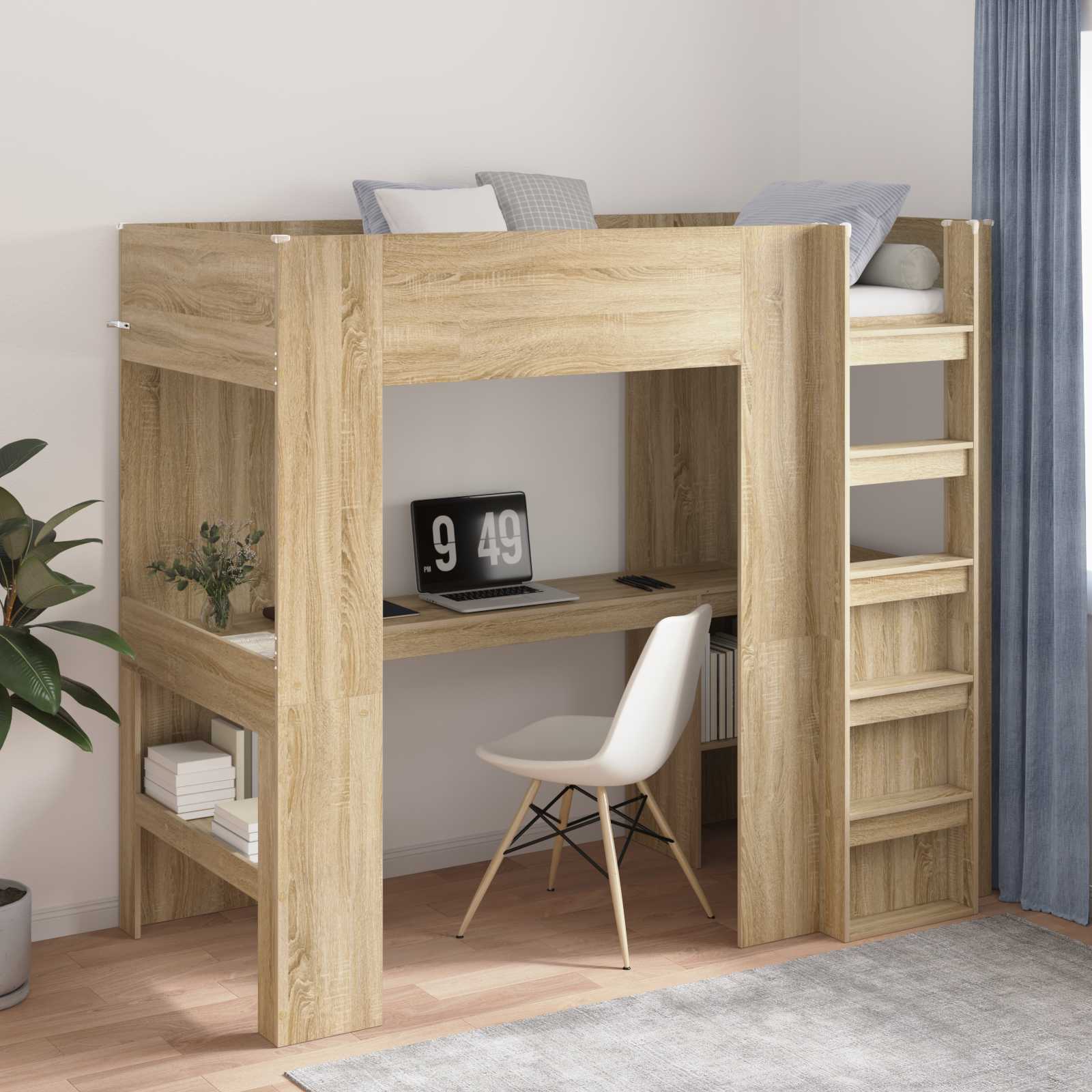 Image of Vidaxl Loft Bed Frame With Desk Oak 90 X 200 Cm, Modern High Bed, Compact Teen Set, Space- Bed, Functional Desk For Small Rooms