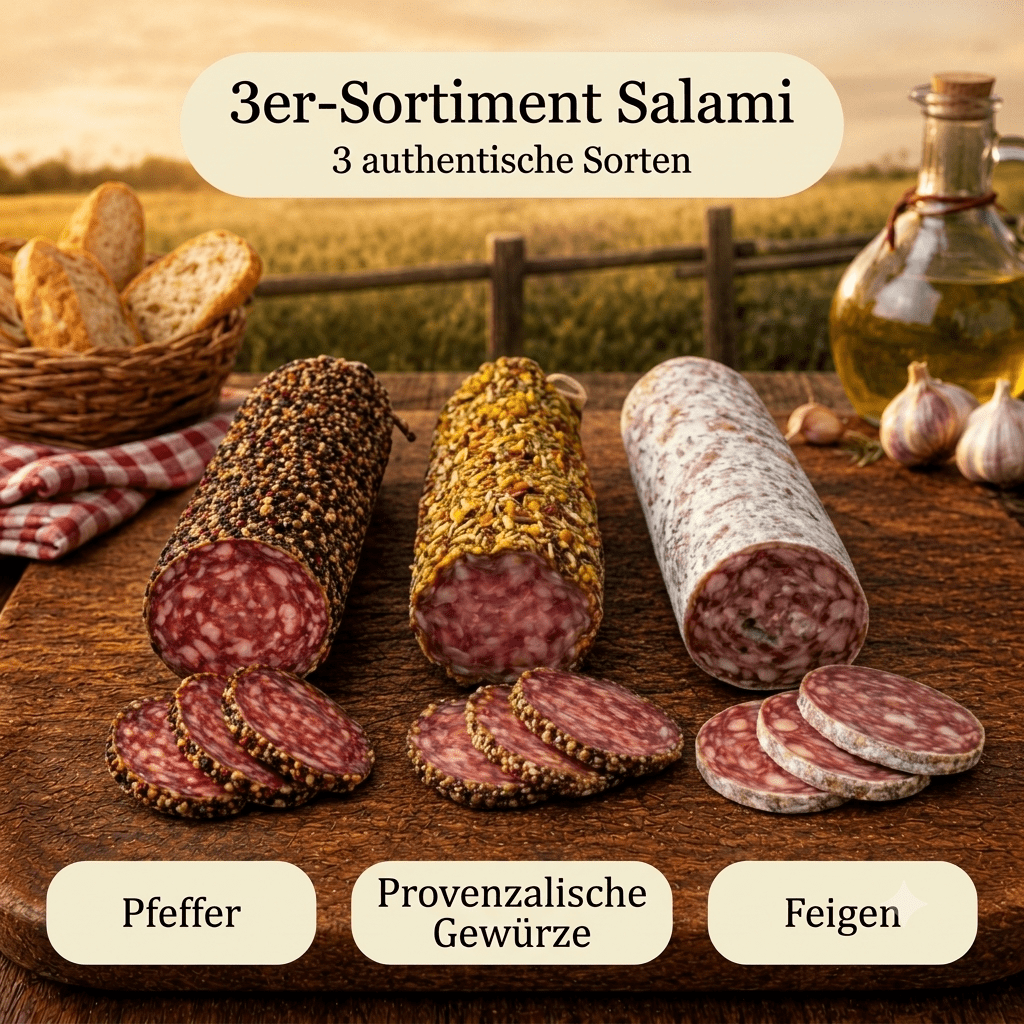 Image of 3-piece Salami Assortment - Flavors: Pepper, Provençal Spices, And Figs ◈ 100% French Salami ◈ Natural Casings And Hand-tied ◈ Artisanal Craftsmanship By Chillet House Since 1902