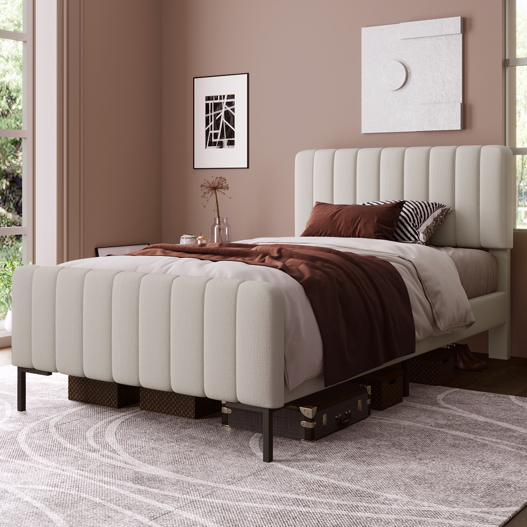 Upholstered Single Bed 90 X 200 Cm, Bed Frame With Slatted Base And Adjustable Headboard, Upholstered Bed In Grey-beige, Bed Frame For Youth Bedroom - Linen Material