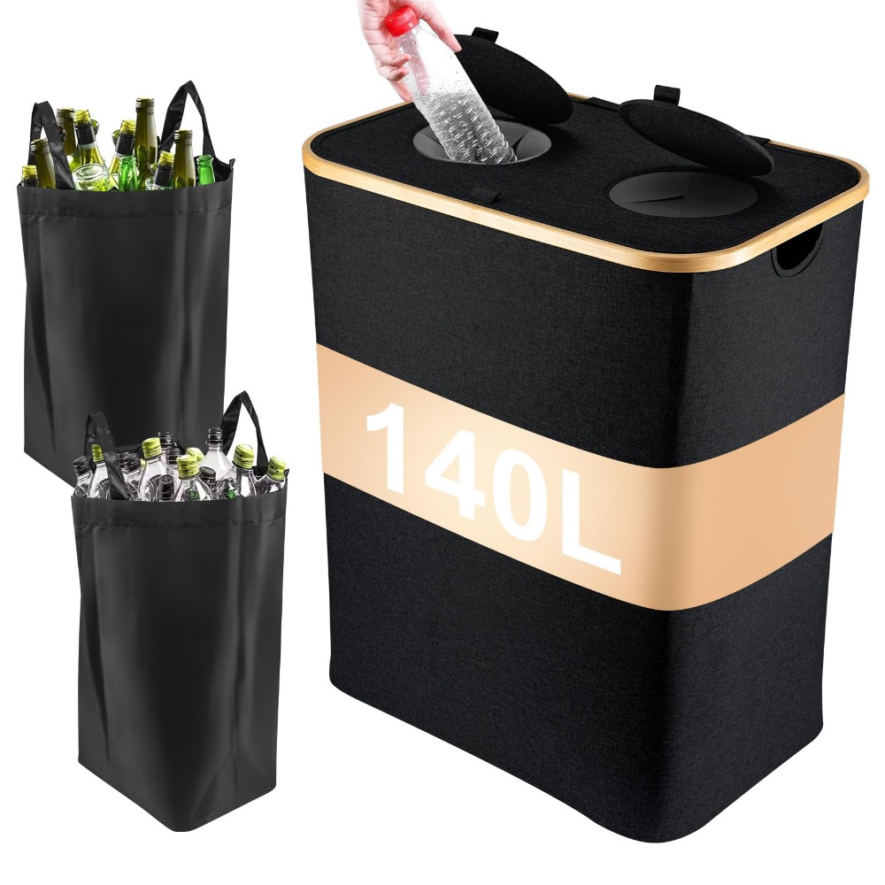 E-shop 140L Pflandflaschen Sammelbehälter mit Deckel Pfandflaschen Organizer mit Tasche Behälter Behälter Leergut Altglas Aufbewahrung Abstellraum