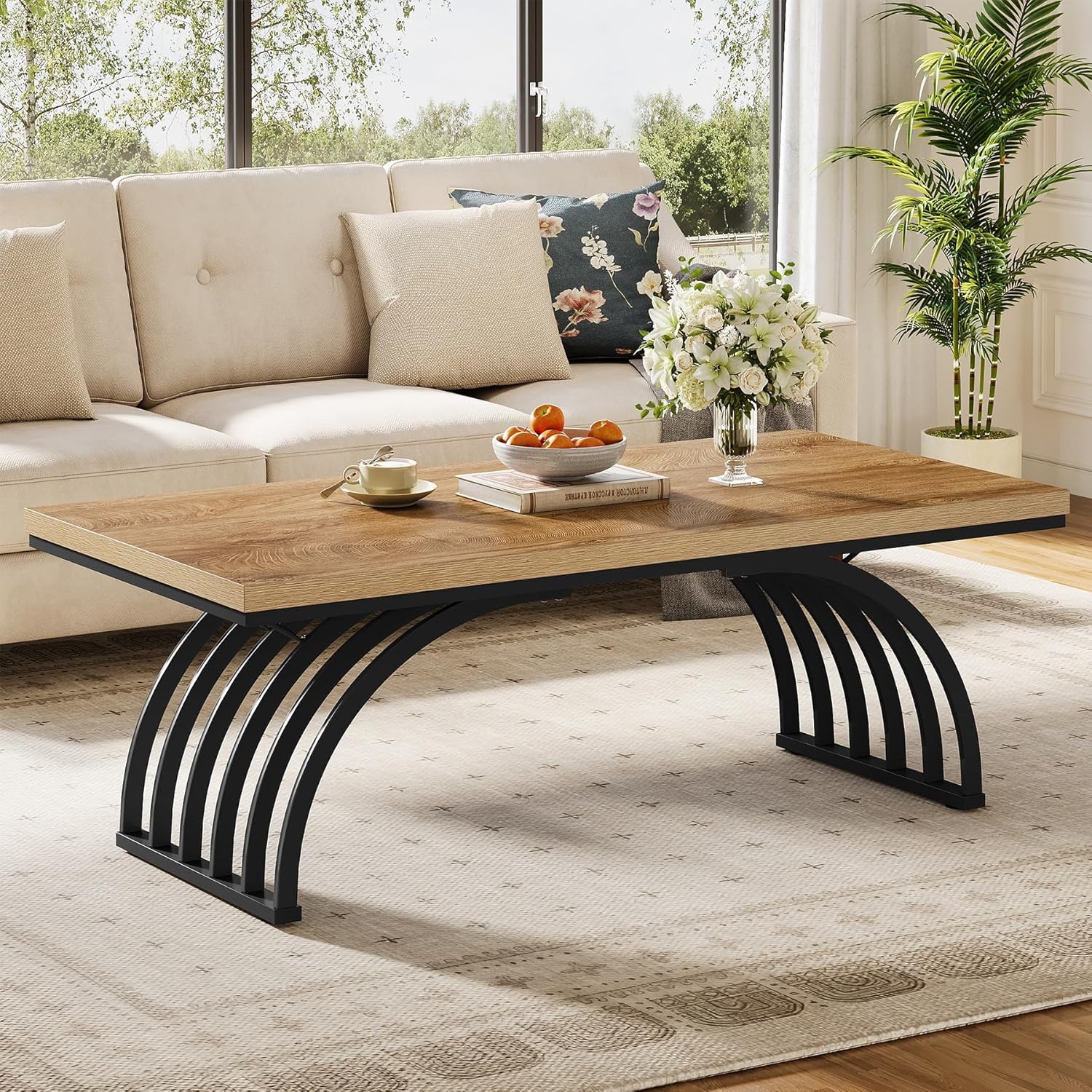 Rustic Wood Coffee Table, Industrial Accent Table, Modern 120 Cm Rectangular Center Tea Table With Metal Frame Legs For Living Room, Sofa, Home, Easy Assembly, Light Brown