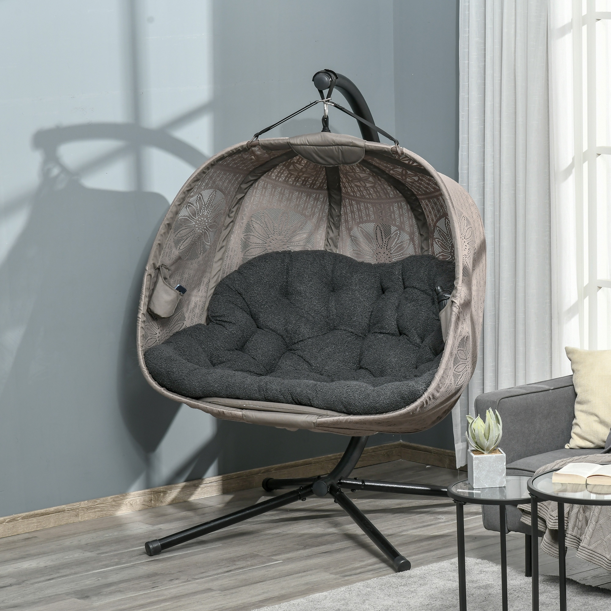 Image of Hammock Chair With Frame, Egg-shaped Hanging Swing With Removable Washable Cushion, Hammock For 2 People, Rocking Chair Indoor Outdoor, Sand+black