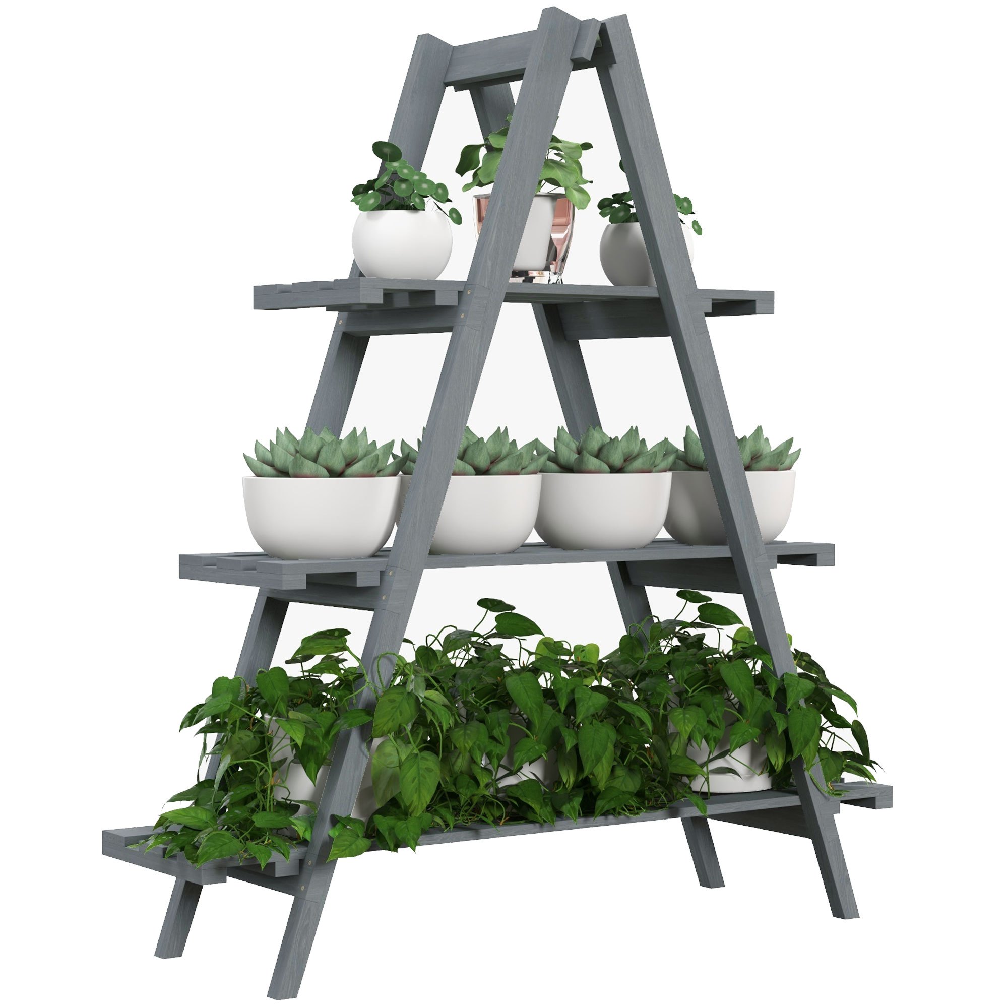 Image of Outsunny Foldable Wooden Plant Shelf, 3-tier Pot Stand For Indoor/outdoor Use In Living Room, Garden, Balcony – 100x36x112 Cm, Gray