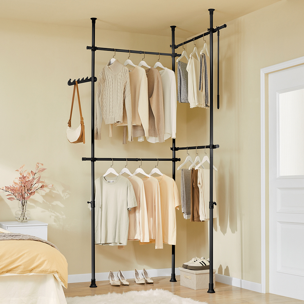 Kls03-ii-sch Telescope Floor Stand, Clothes Rack With Rods, Adjustable Open Wardrobe For The Bedroom, Black Clothes Rack