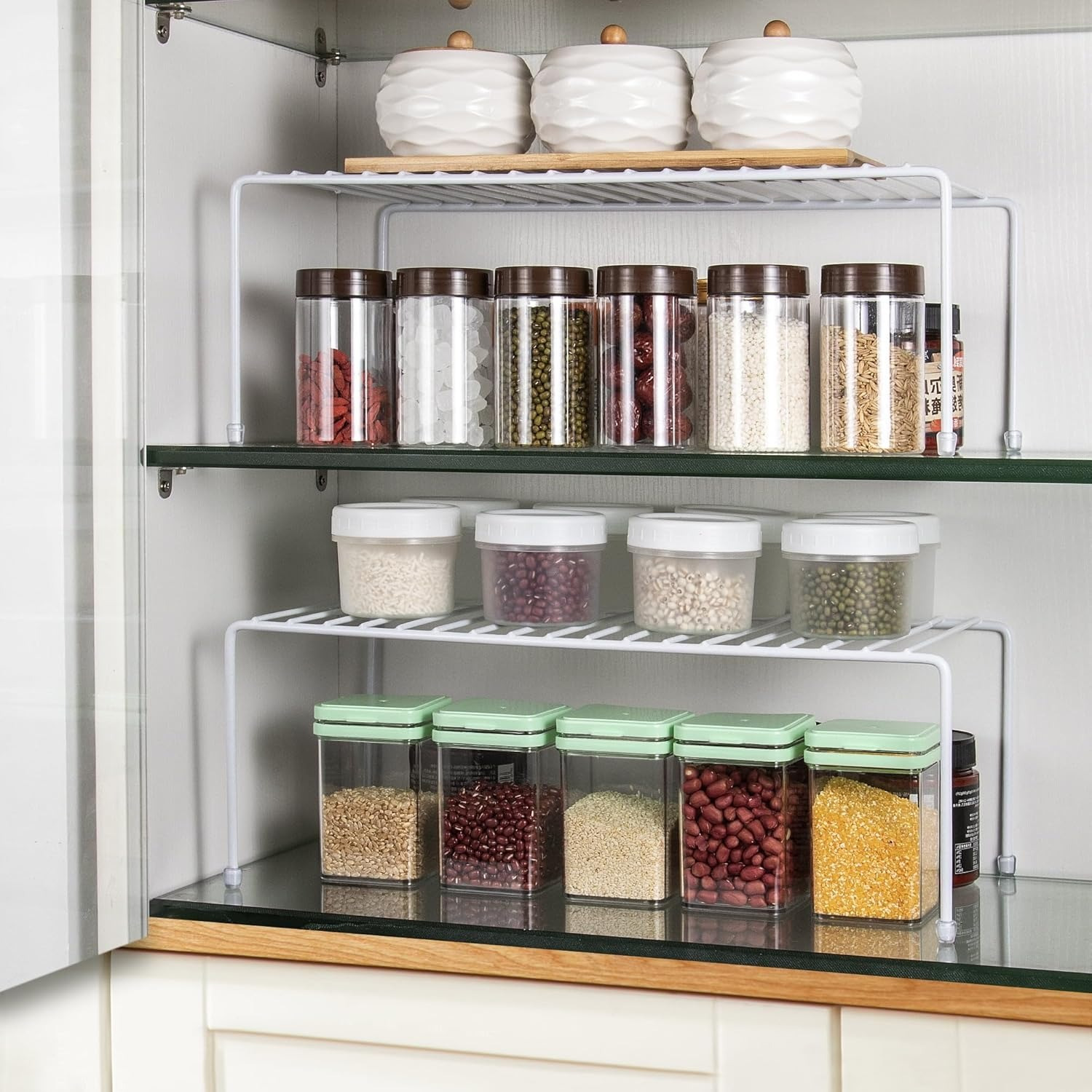 TEMU 2pcs Kitchen Cupboard Organiser, Cupboard Storage Organiser, Home And Divider, Shelf Rack, Metal Wire Rack For Pantry, Cabinet, Counterop, White