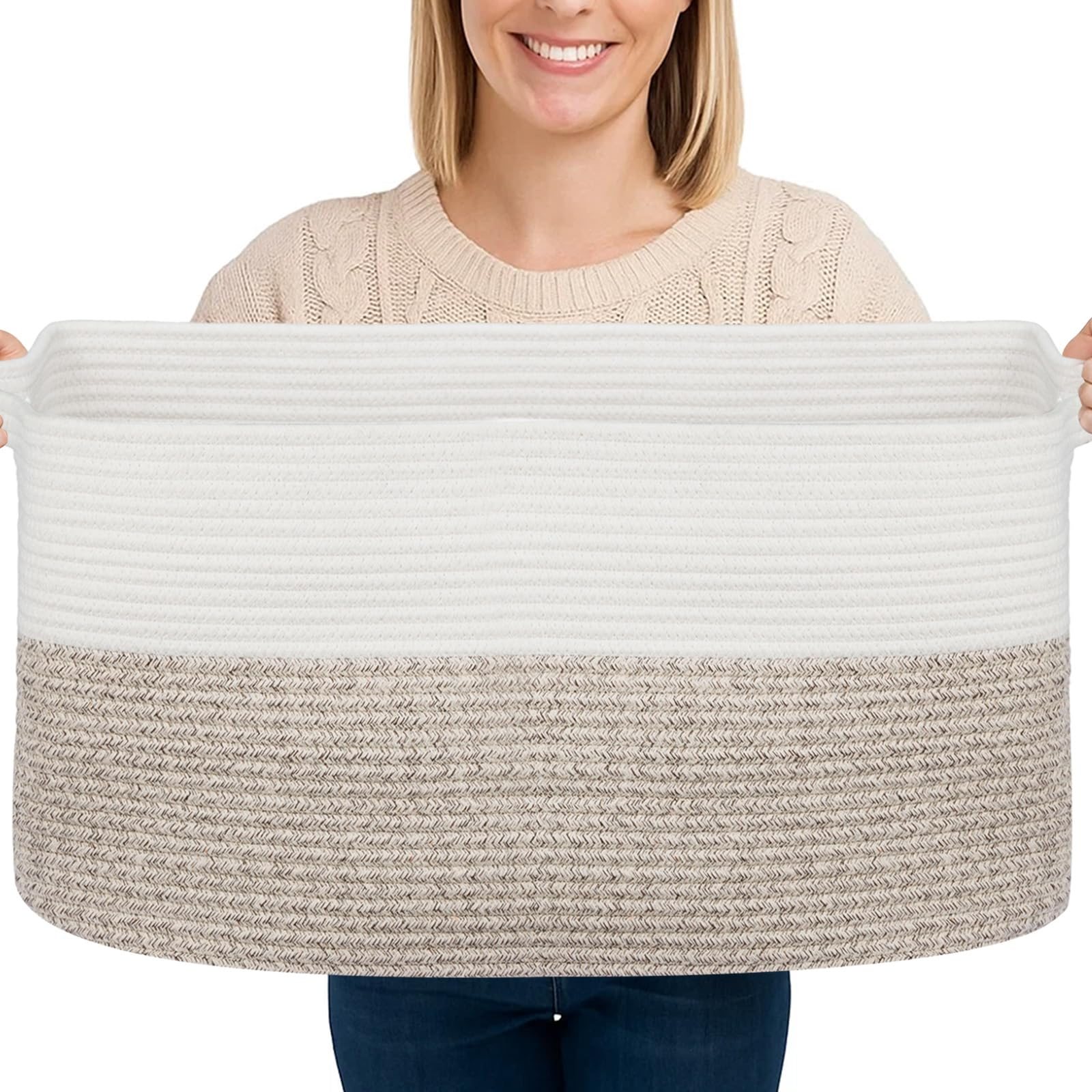 Image of Foldable Laundry Basket 65l Large Storage Basket Made Of Braided Cotton Rope, Laundry Collector With Handles, Storage Basket For Blankets, Clothes, Toys, White And Brown