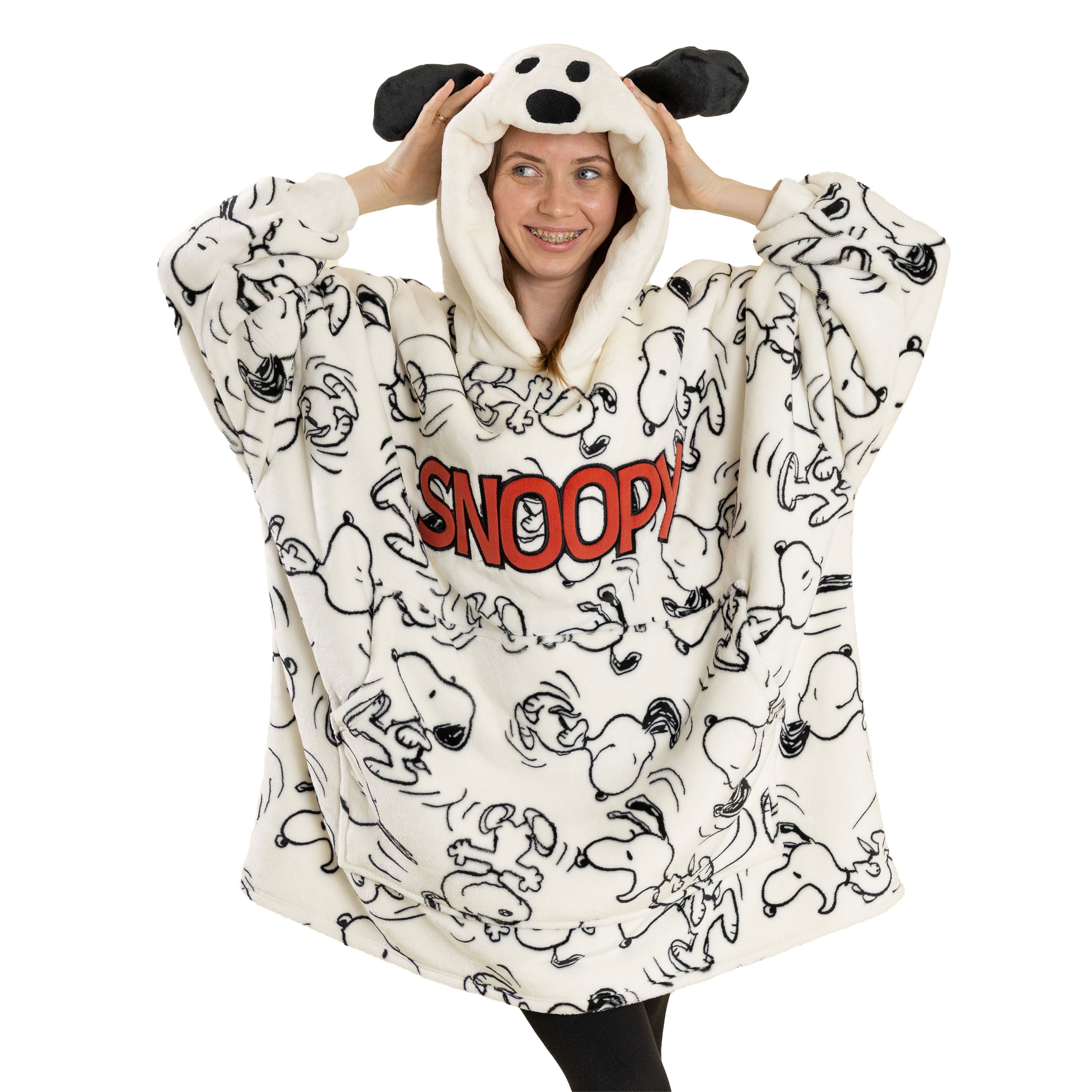 TEMU Snoopy Womens White Blanket Hoodie | Cosy Fleece With 3d Ears | Long Sleeve Hooded Loungewear For Relaxation | Character Print | Comfortable