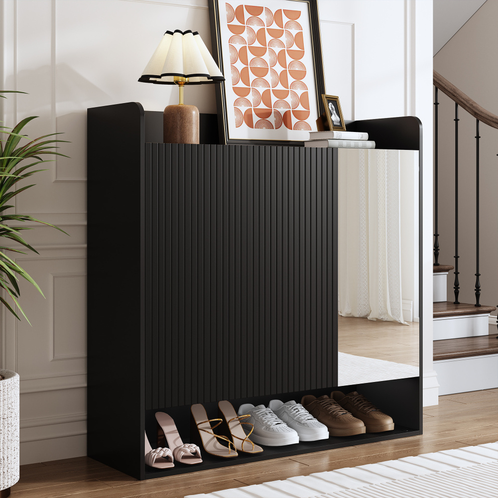 Image of Shoe Cabinet With Black, Striped Structure, Shoe Cabinet For The Entrance Area With Full-body Mirror, Shoe Rack With Large Storage Capacity