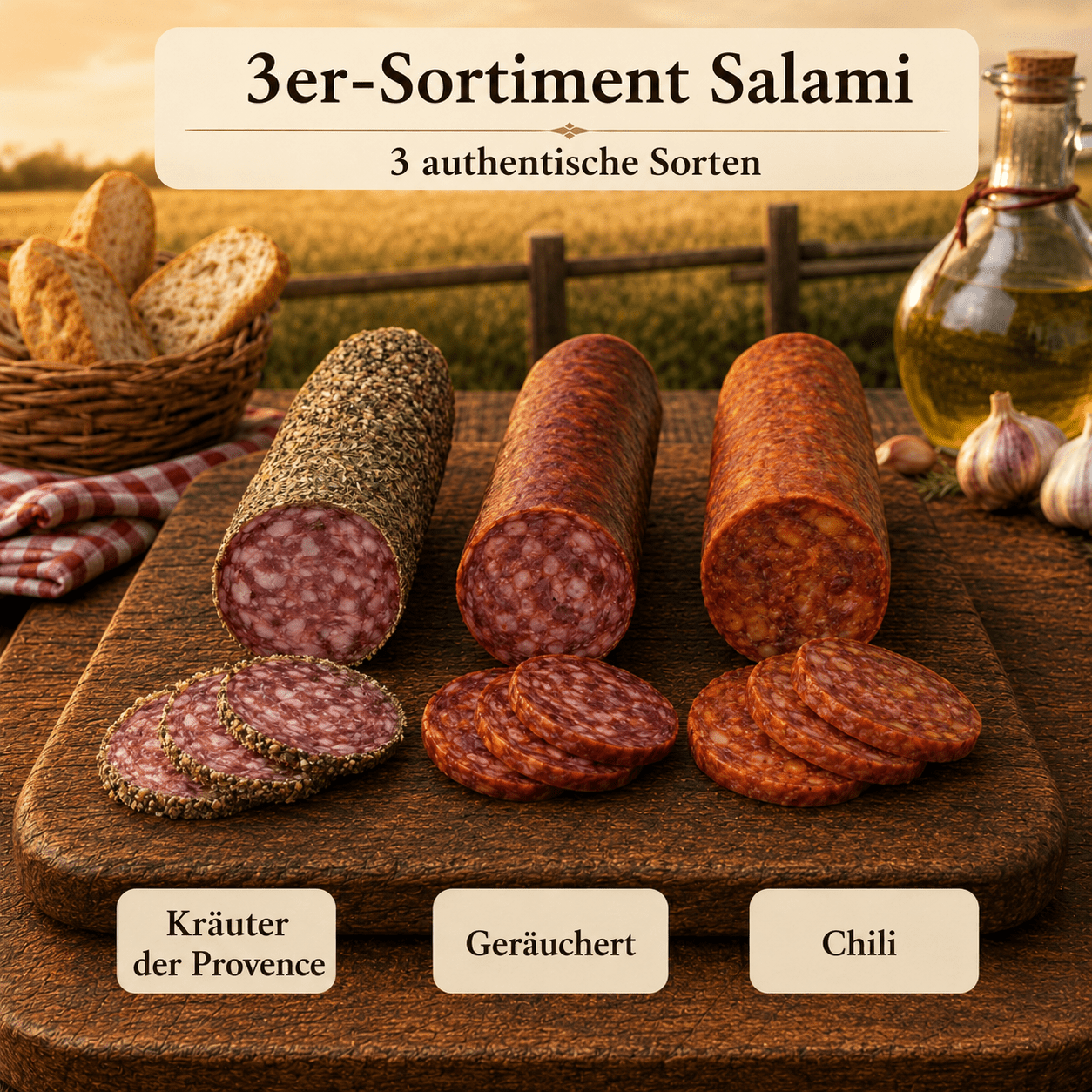 Image of 3-piece Salami Assortment - Flavors: Herbs Of Provence, Smoked, And Chili ◈ 100% French Salami ◈ Natural Casings And Hand-tied ◈ Artisanal Production By Chillet House Since 1902