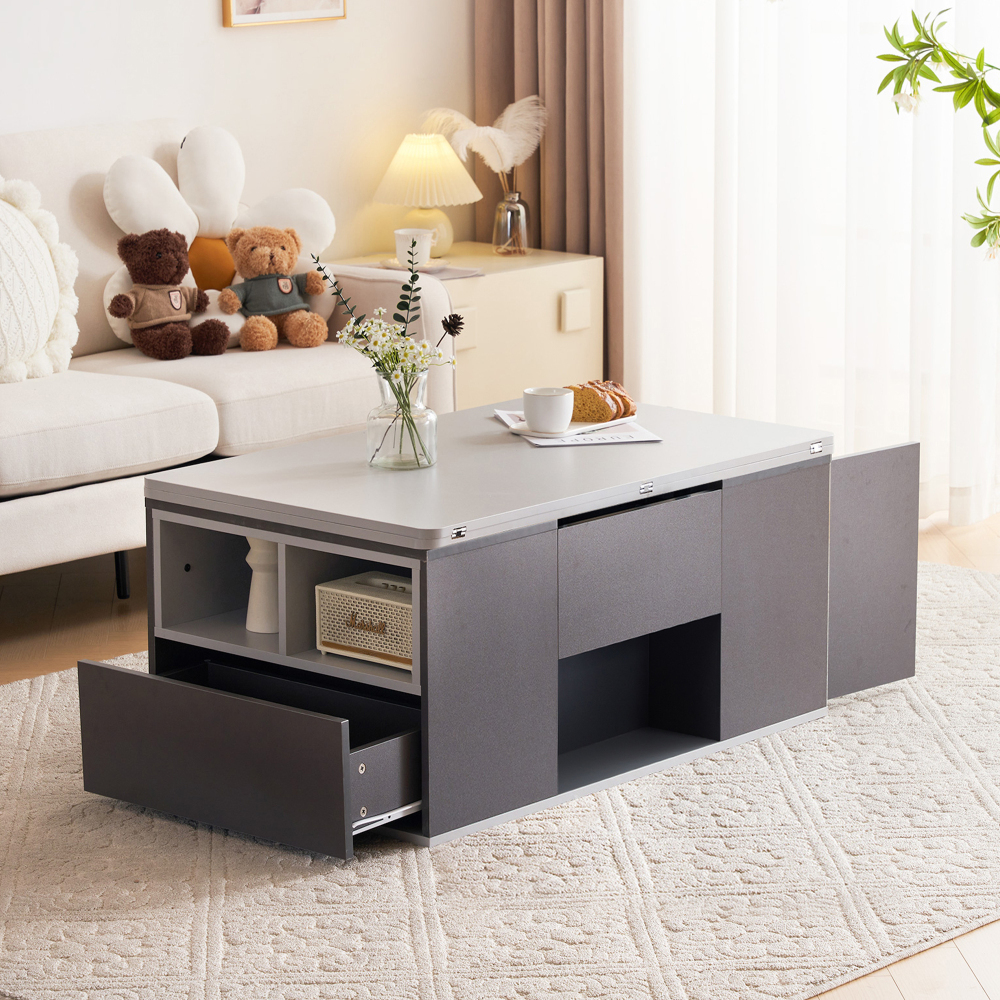 Image of Design Coffee Table With Lift Function – White/gray – Large & Small Top – 3 Drawers – Open Shelves – Sturdy & Durable – For Modern Living Rooms &