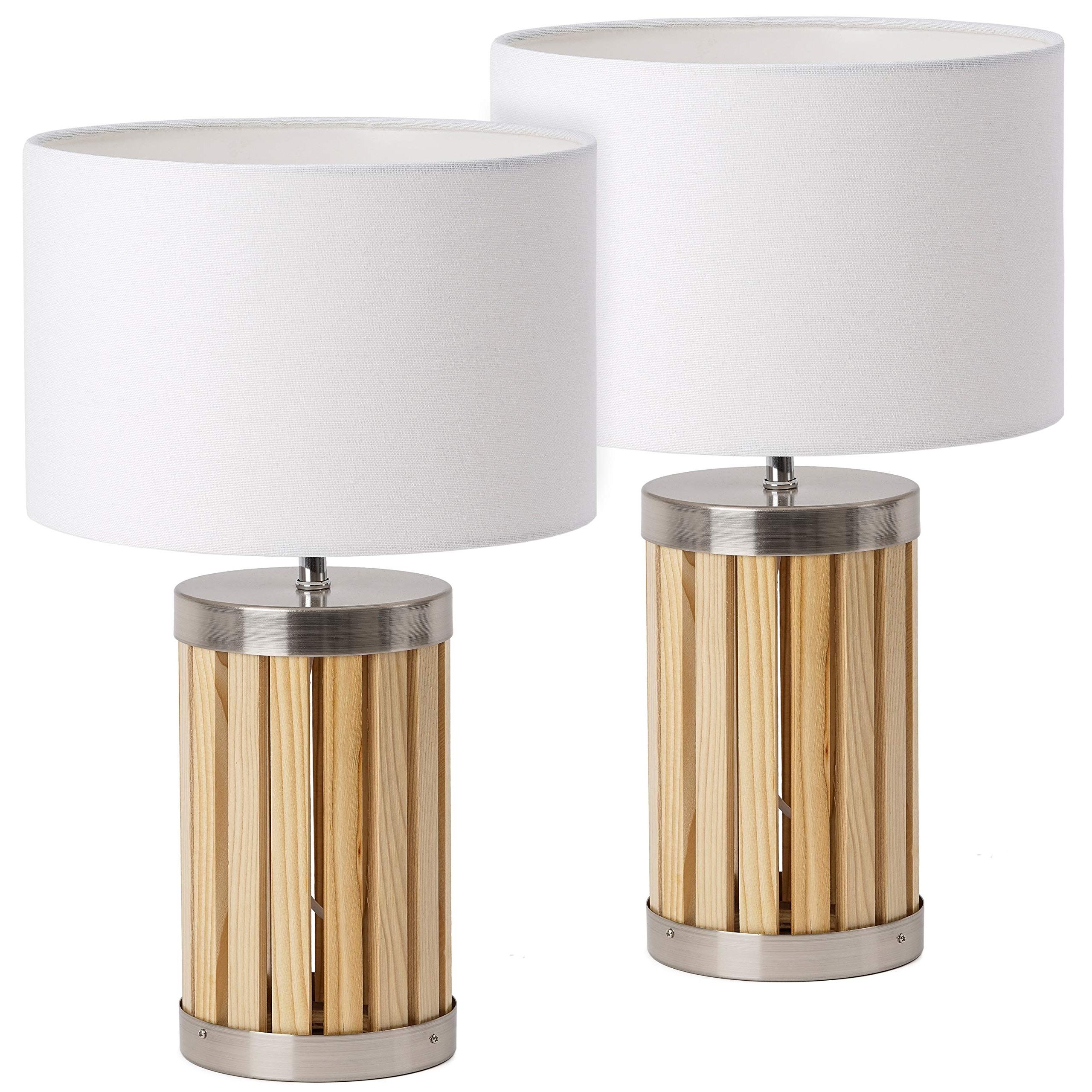 Image of Brubaker 2pcs Set Table Or Nightstand Lamps - 41 Cm Height - Base Made Of Wood/metal - Beige Textile Shade (bulb Not Included)