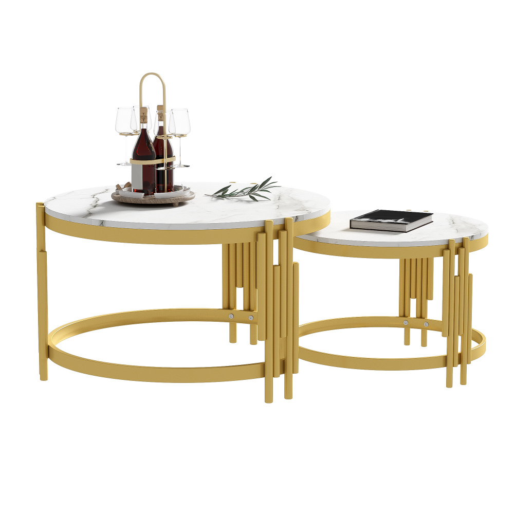 Image of Nestable Coffee Table Set With 2 Round Tables, Space- To Store Or Usable Individually. With Marble Optics, Golden Metal Frame And Wavy Cylindrical Metal Legs, For Living And .