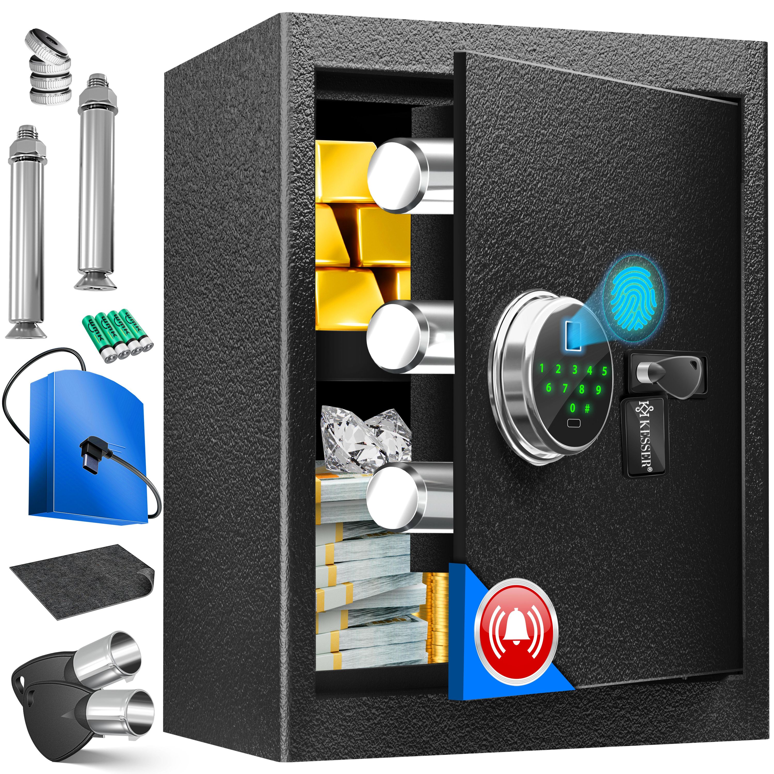 Image of Kesser® Electronic Safe With Fingerprint & Key Xl | Including Emergency Battery | Electronic Lock | 3x Double- Locking | Floor | | Armored Lock Black