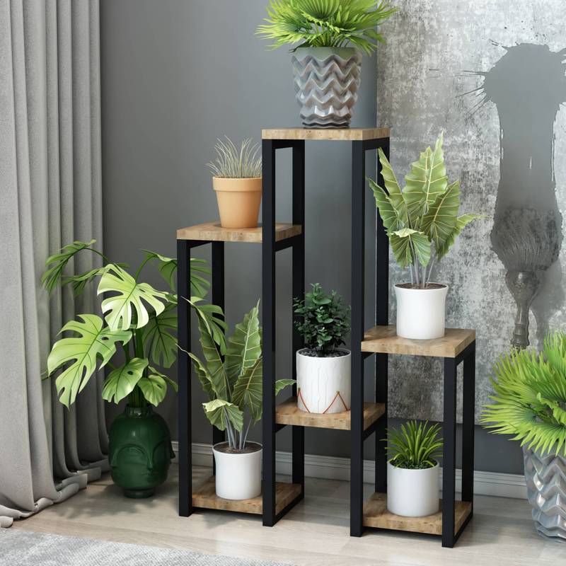 E-shop Pflanzregal Rosenholm mit 6 Ablagen Schwarz/Holzfarben