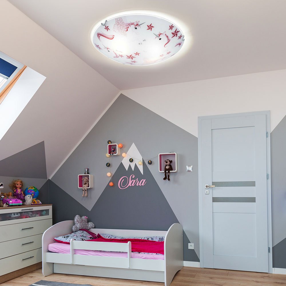 Image of Ceiling Light Led Children's Ceiling Lamp Girl's Children's Room Round, Glass Unicorn Stars White Pink, 16w 960lm Warm White, D 30 Cm