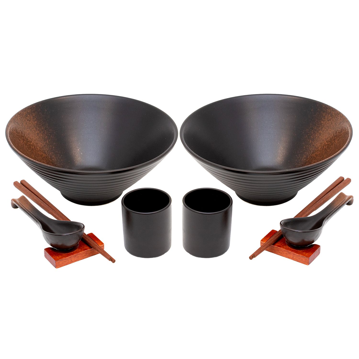 E-shop Ramen Schüssel Set für 2 Personen aus Keramik 1.1 Liter - je 2x Schüssel Stäbchen Löffel Becher und Ablage - für Nudelsuppe Reis Schalen Bowl