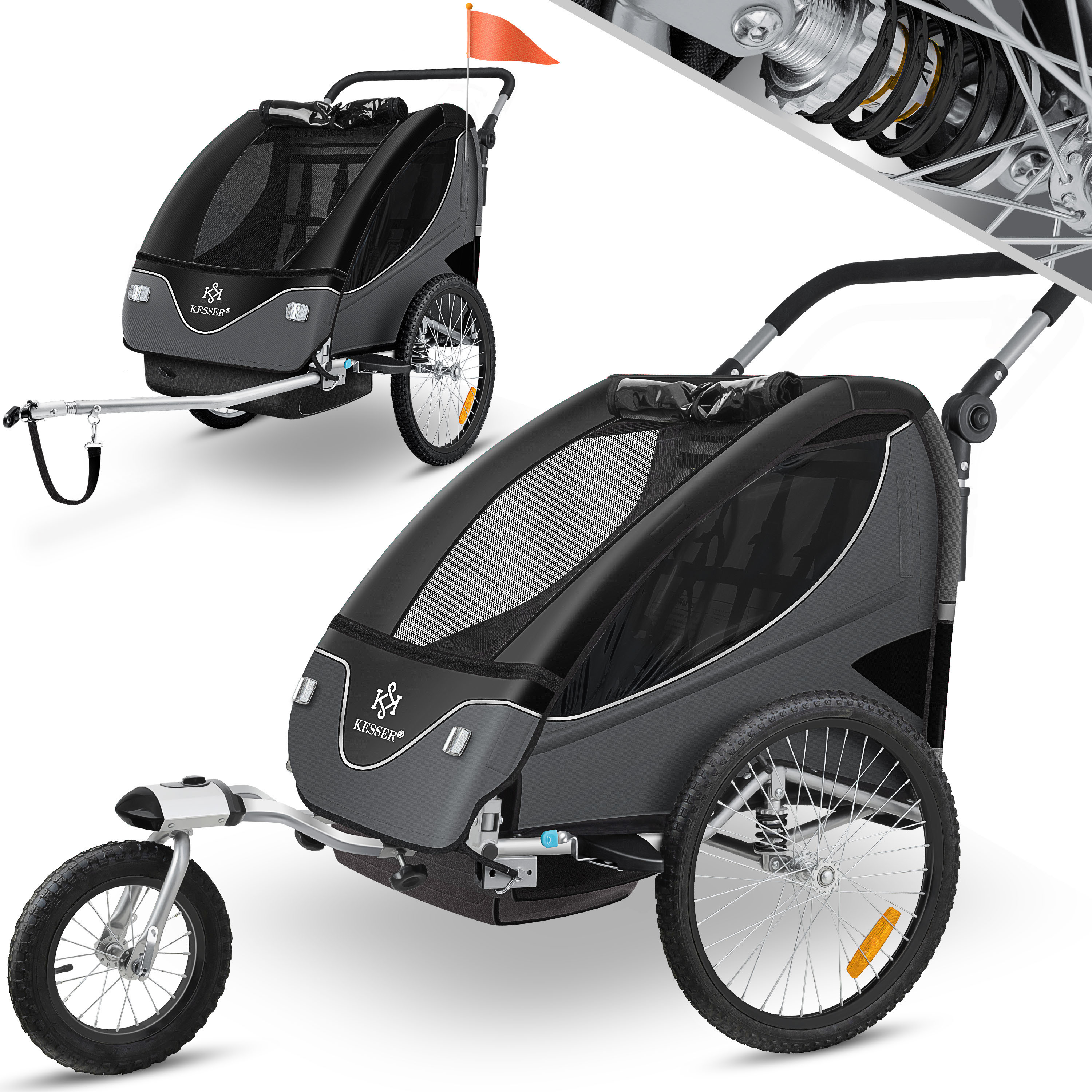 Image of Kesser® Kids Bike Trailer, With Suspension, 2-in-1 Jogger Function, Child Bike Trailer + 5-point Harness Jogger Bike Trailer For 1 To 2 Children, Max. 40kg