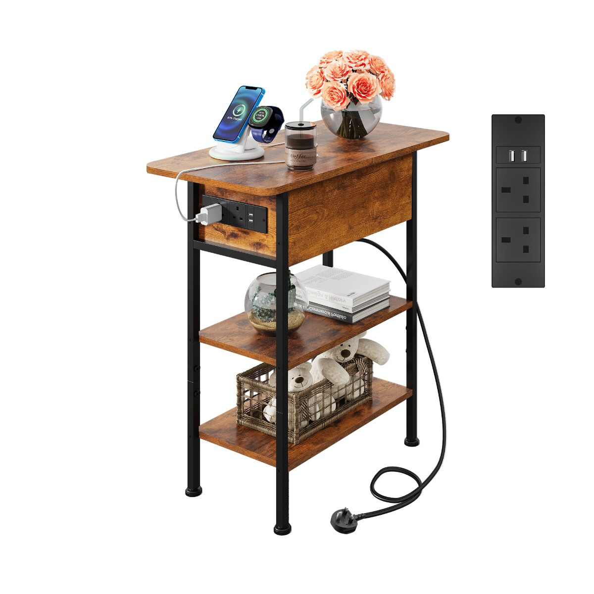 TEMU Side Table With Charging Station, 3-tier End Table With Drawer, Slim Bed Side Table With , Usb Ports And Outlets For Living Room, Bedroom,