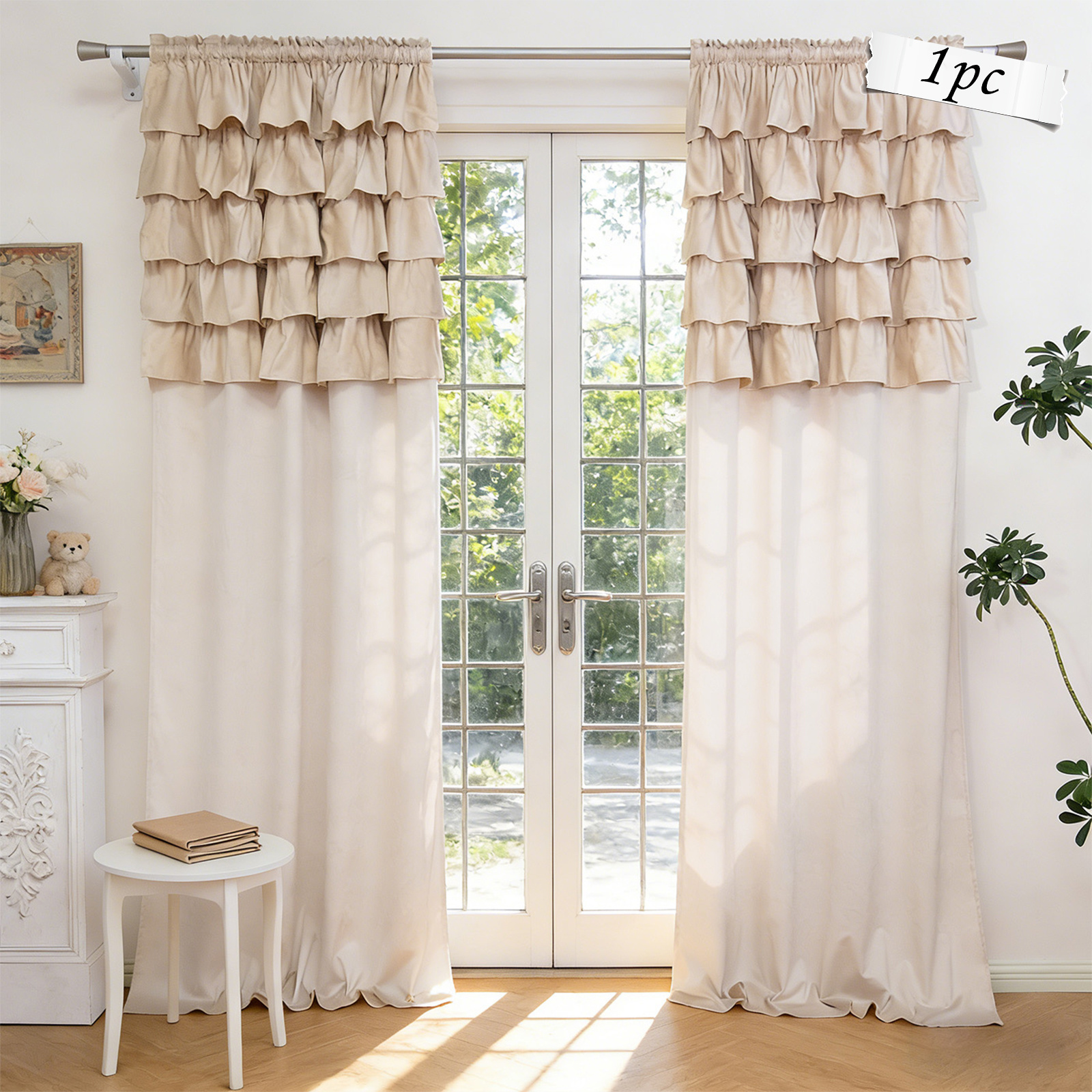 Image of Curtains 1 Panel | Vintage Velvet Drapes With 5-layer Valance | Rod Pocket Sheer Curtains For Living Room Bedroom | Creamy Solid Color Light Filtering Window Drapes | Soft Pleated Decor