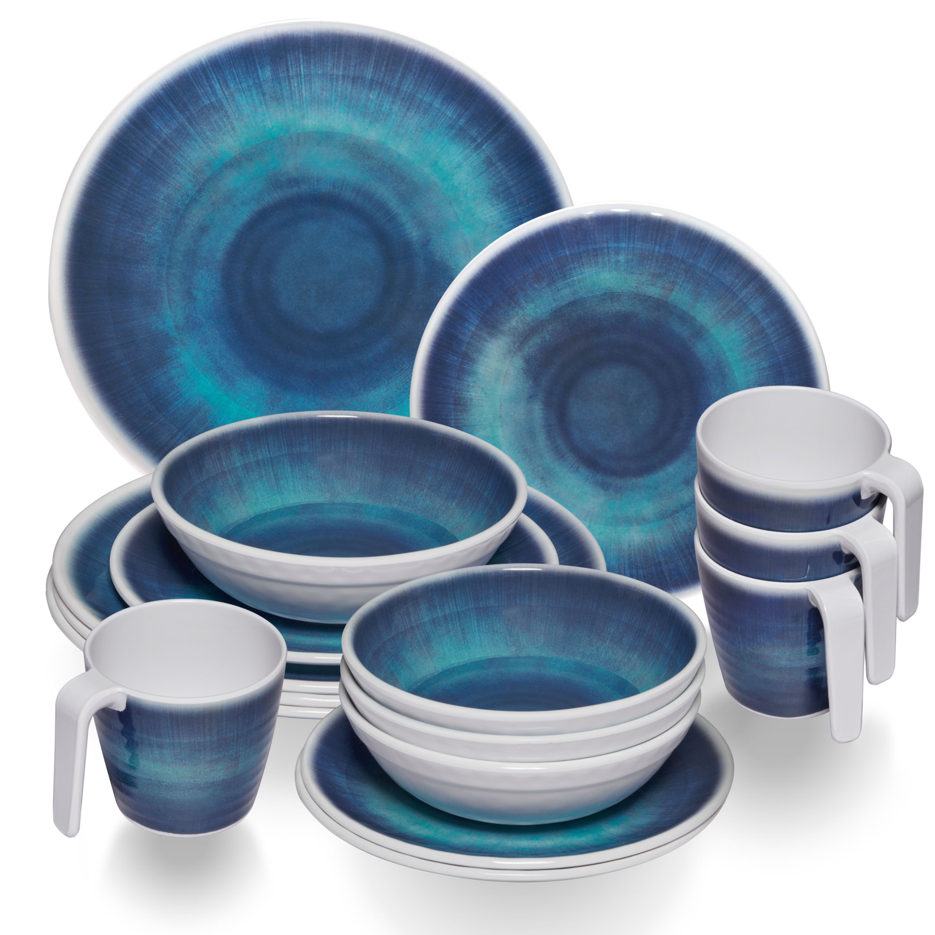 Melamine Dish Set Blue For - 16pcs - With Cups Stoneware Optics Dishwasher Safe Tableware Camping Accessories Camping Dishware Camping Festival Picnic Garden Party
