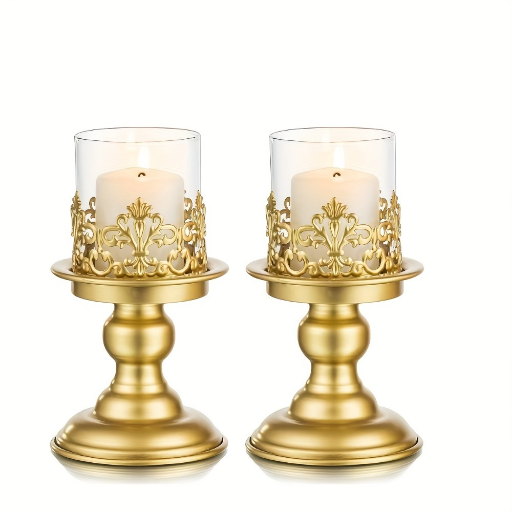 TEMU 2pcs Elegant Candle Holders -themed Design With Ornate Base, Perfect For Christmas, Halloween, Hanukkah, And Labor Day Tabletop Decor, Candle
