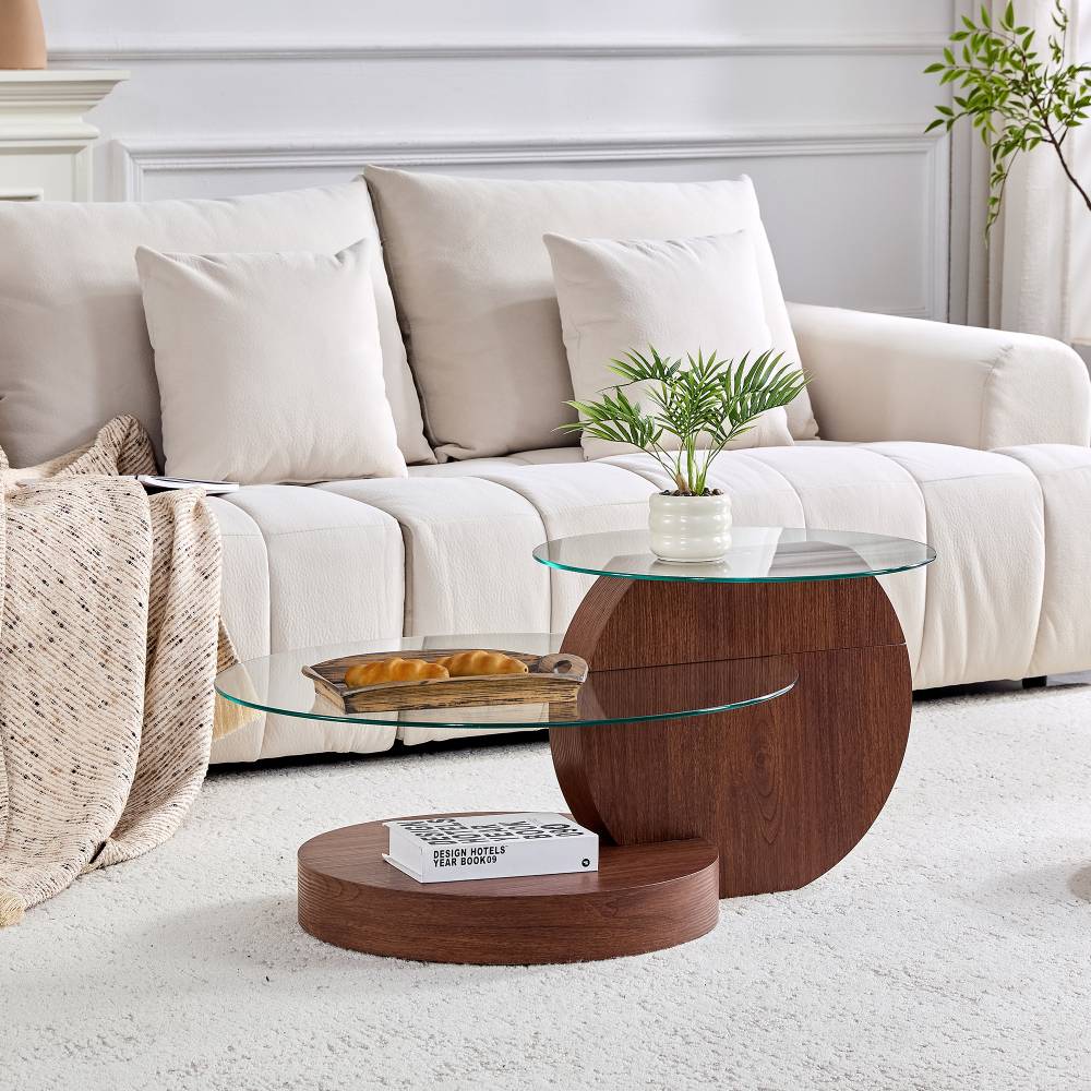 Image of Modern Minimalist Double-layer Safety Glass Coffee Table, Multi-tier Design, High-quality Mdf Support Structure With Walnut Wood Grain Finish. Multiple Colors