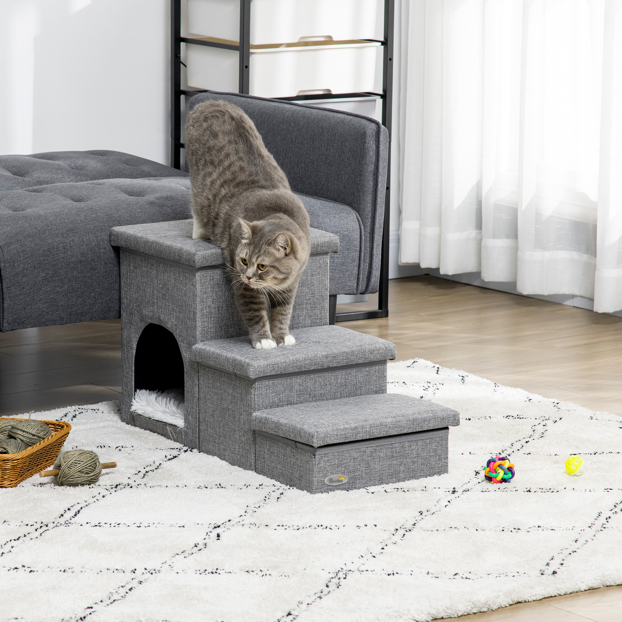 Image of Dog Stairs 3 Steps 40.5 Cm Stairs With Cave Cushion Storage Cat Stairs For Small Dogs Dog Ramp With Washable Cover Entry Aid For Bed, Sofa, Couch And Car Light Grey