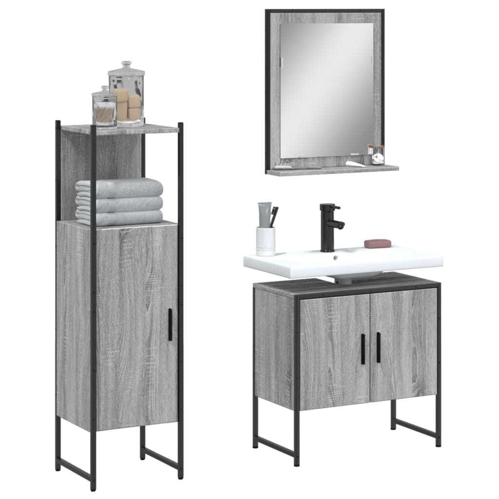 Image of Vidaxl 3-piece Bathroom Furniture Set With Storage, Bathroom Cabinet, Mid-cabinet, Bathroom Mirror, Gray Wood Composite