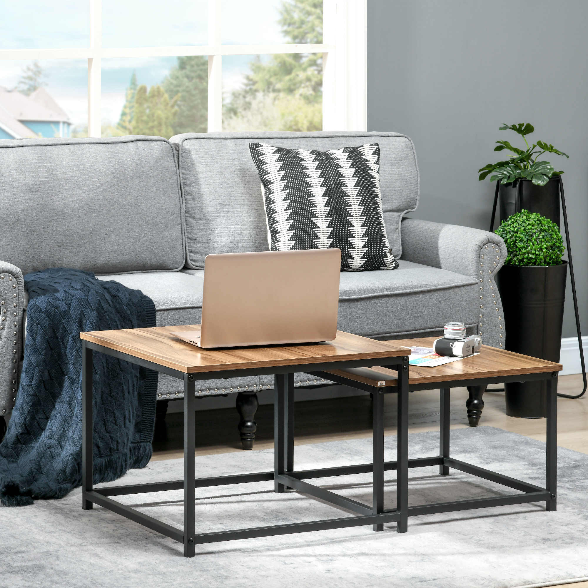 Image of Coffee Table Set Of 2, Side Table, Coffee Table, Set Table, Sofa Table In , Living Room Table With Wood Look, For Bedroom, Steel, Nature