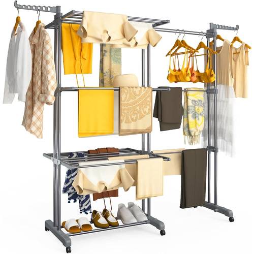 4 tier large clothes airer with wings retractable folding drying rack with wheels for indoor outdoor use 190 64 170 cm grey
