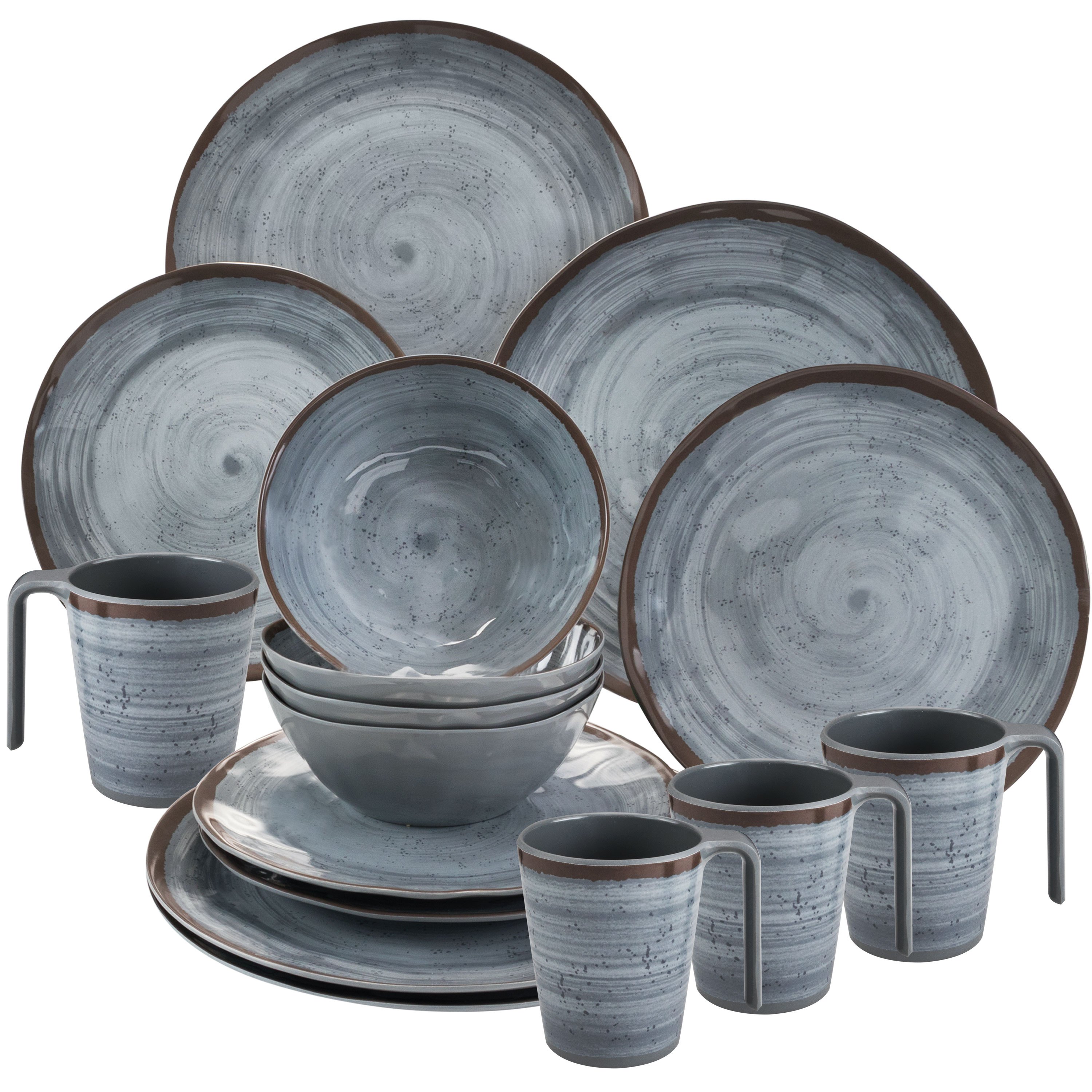 E-shop Melamin Geschirrset mit Tassen 4 Personen 16 teilig Camping Outdoor Steingut Optik Tafelgeschirr grau