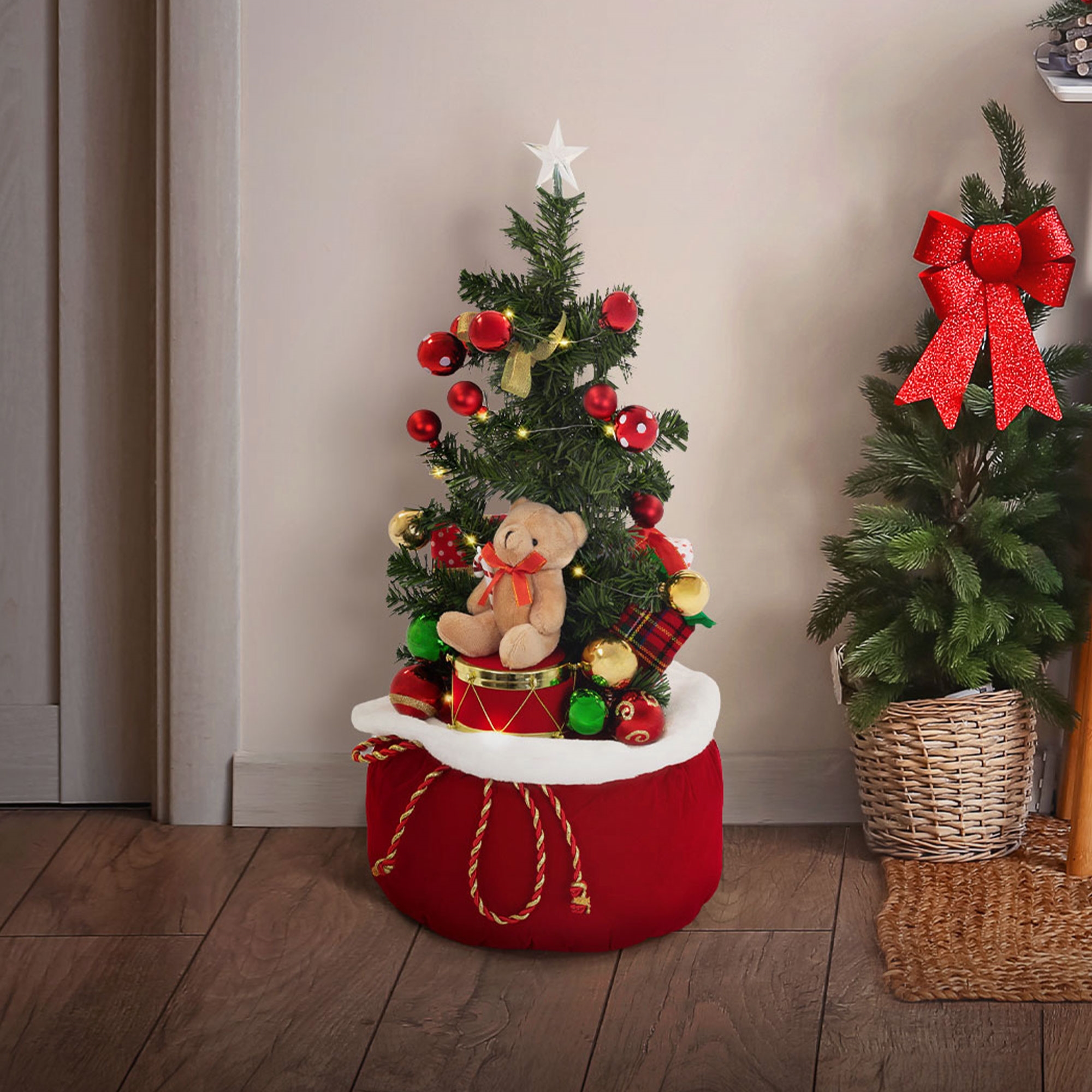 Image of Ecd Germany Artificial Mini Christmas Tree With Lights, Christmas Decor, Small Led In Gift Bag With Battery-operated String Lights, Decorated Christmas Tree, Indoor Table Decoration, Ø34x60 Cm