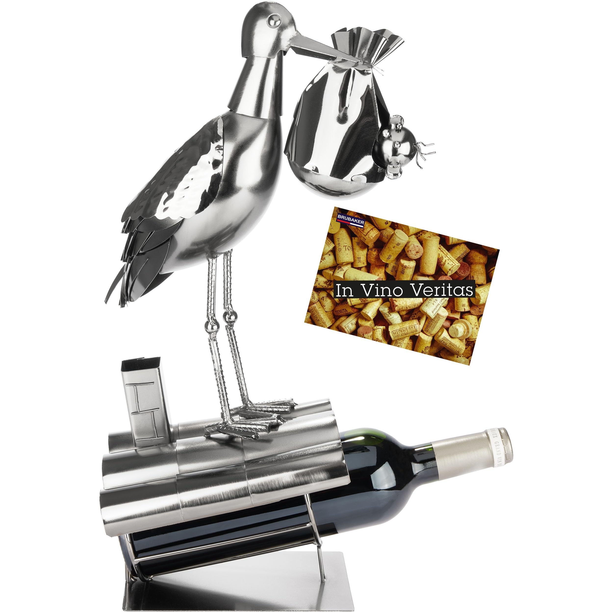 Image of Brubaker Wine Bottle Holder With Baby On Roof - Metal Bottle Holder Wooden - Wine Gift For Parents - Bottle Stand Decoration With Greeting Card
