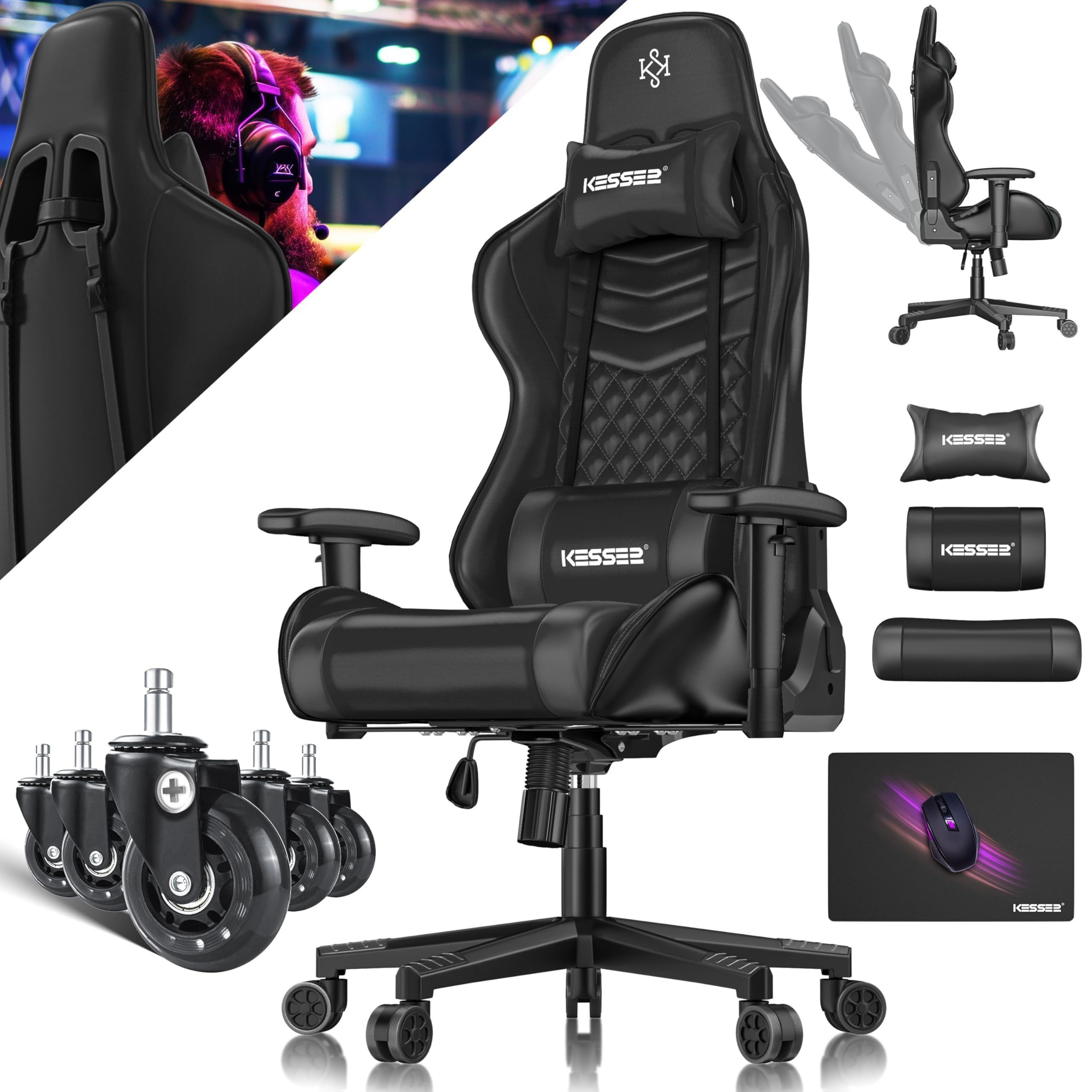 Image of Kesser Gaming Chair Ergonomic Gaming Chair Office Chair With Headrest And Lumbar Cushion Racing Gamer Chair 150kg Loadable Armrest 360 Degree Rotatable Desk Chair With Wheels