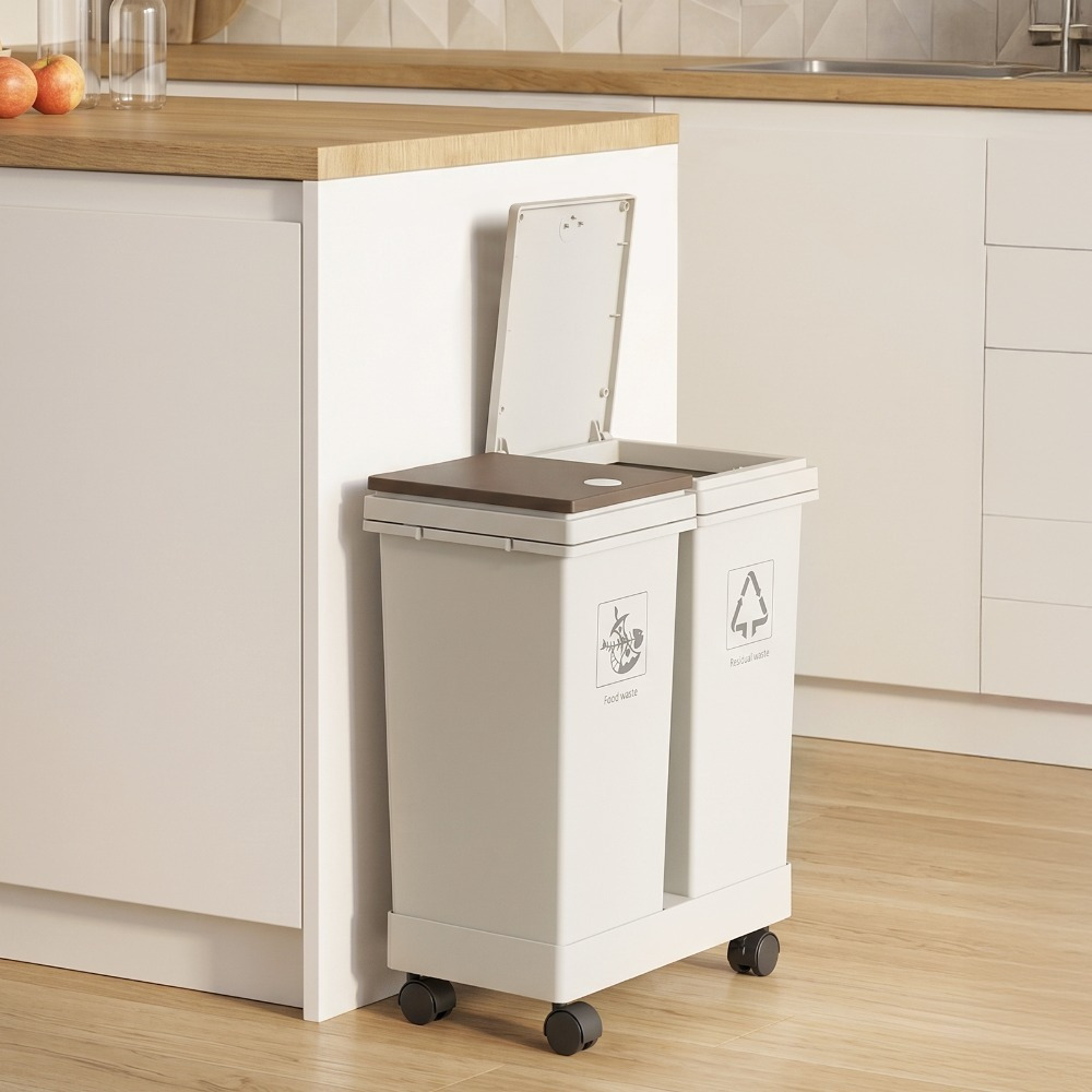 TEMU 24/40l Large Recycling Waste Bin Home Office Rolling Trash Compartments Kitchen Dry Wet Rubbish Sorting Bin, Detachable With Lids & Wheels