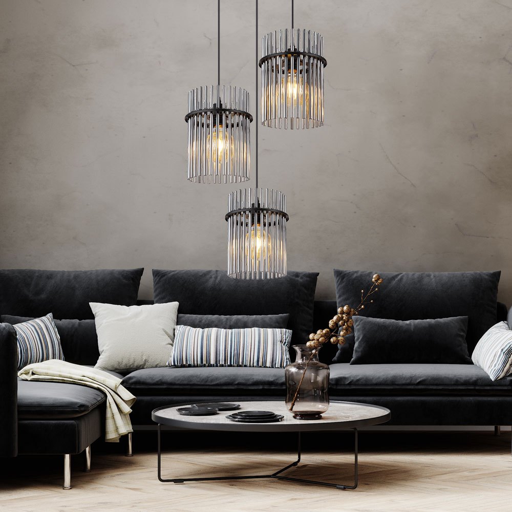 Image of Pendant Ceiling Light, Dining Room Lamp, Living Room Lamp, Ceiling Light, Metal Glass Rods In Black Smoke Color, 3-arm E27, H 140 Cm