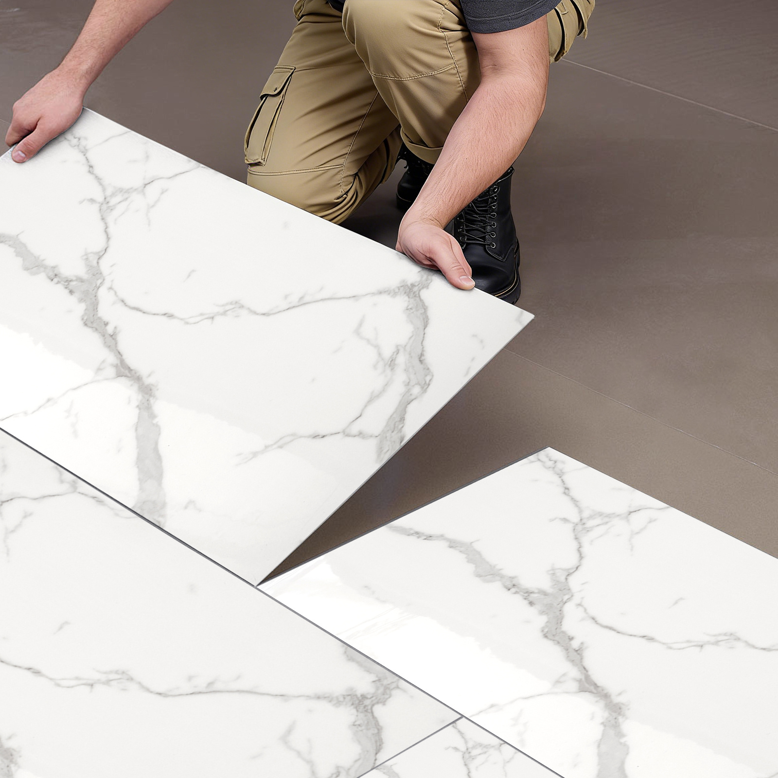 26/52 Pieces Marble Look Pvc Self-adhesive Floor Tiles - For , Bedrooms & Kitchens (26, Dark Gray)