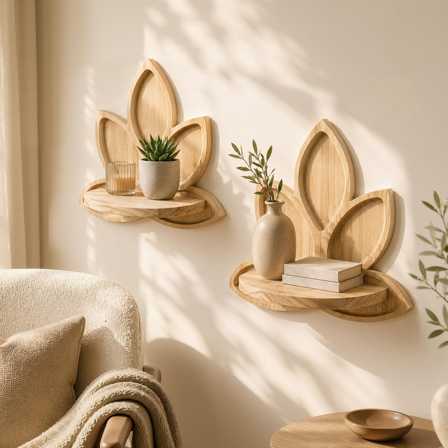 TEMU Wooden Lotus Floating Shelves – 2pcs Wall Mounted Storage Racks For Living Room & Bedroom Decor