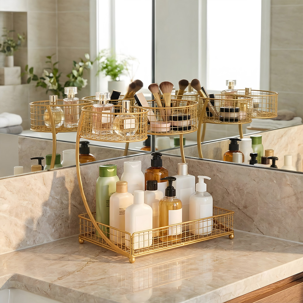 TEMU Yellow 3-compartment Storage Rack With 2 Tiers, Practical Bathroom Vanity Organizer Shelf, Basket For Bedroom Living Room Kitchen And Bathroom