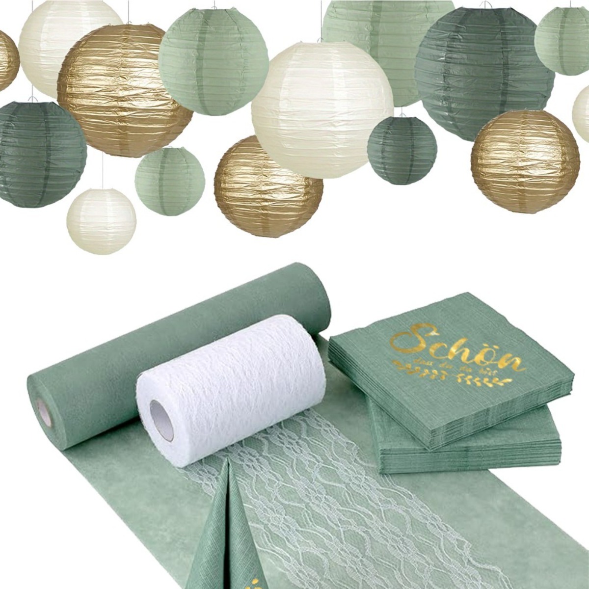TEMU 57pcs Of Eucalyptus Green Tablecloth And Napkin Lantern Set Table Decoration Set, Baptism, Communion, Confirmation, Wedding And Birthday