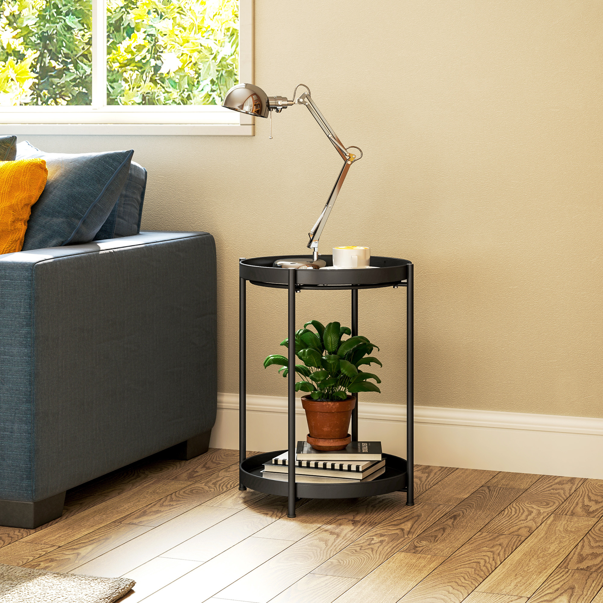 Side Table, Coffee Table With 2 Shelves, Round Coffee Table, For Living Room, Bedroom, 44 X 44 X 56 Cm, Steel, Black, Adjustable Height, Metal Frame, Abrasion-resistant Coating, Versatile Use