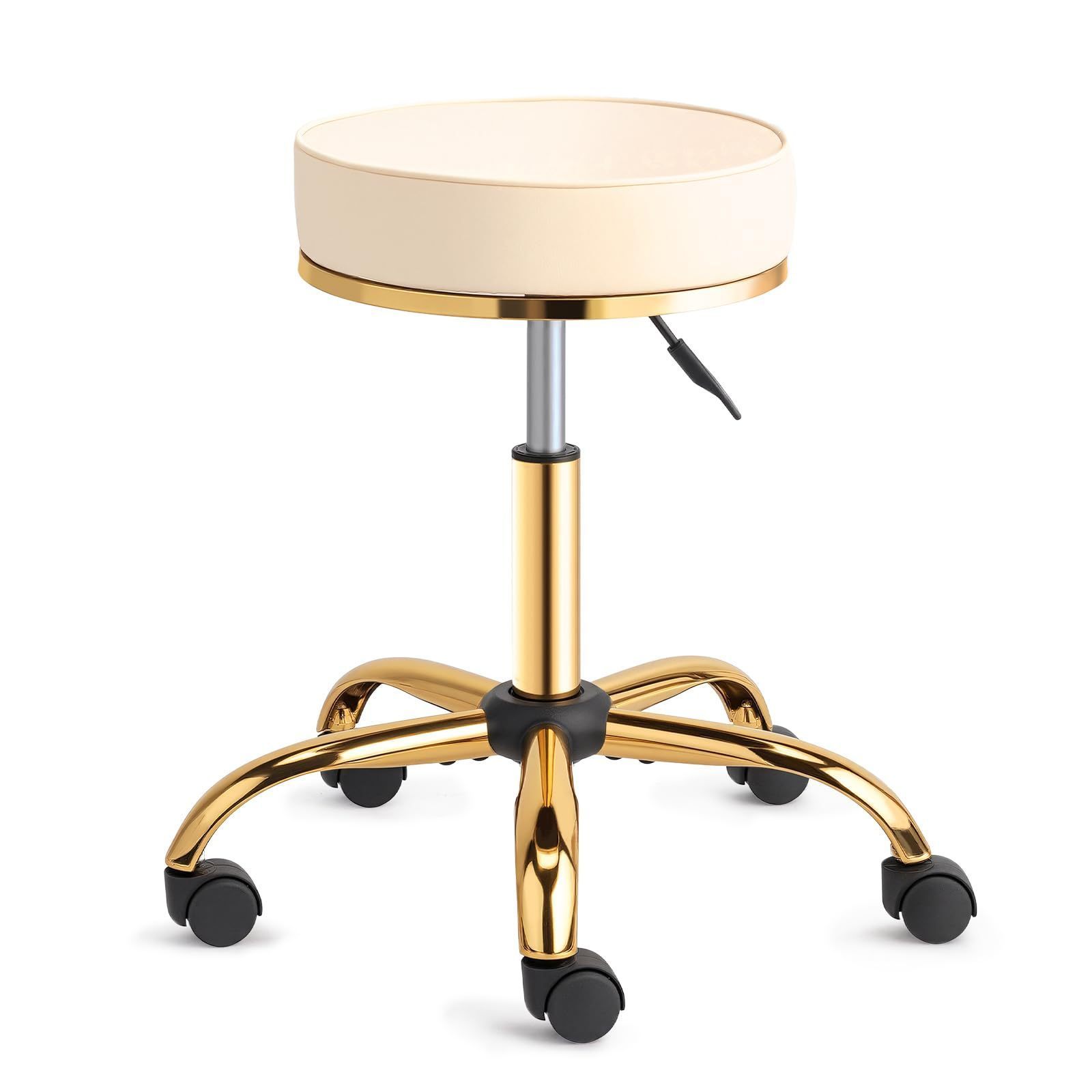 Height-adjustable Rolling Stool 48-63 Cm, Stool With Wheels, Office Stool With 150 Kg Load Capacity, Semi-pu Leather Swivel Stool, Work Stool For Salon/office/bar (white-gold, 36x36x63 Cm)