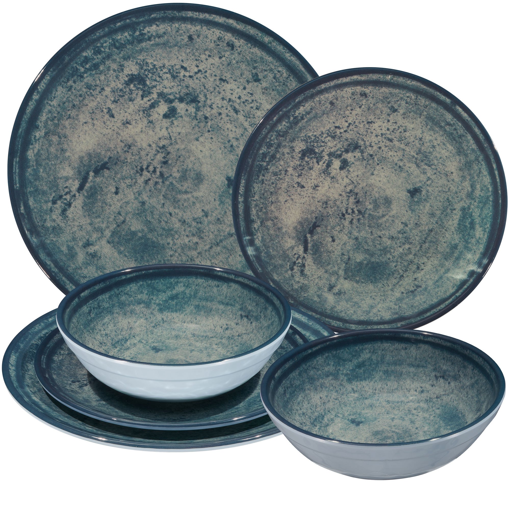 Melamine Dish Set Moon Granite Blue-grey For 2 People - 6pcs - Stoneware Look Dishwasher Safe Tableware Camping Accessories Camping Dishware Camping Festival Picnic Garden Party