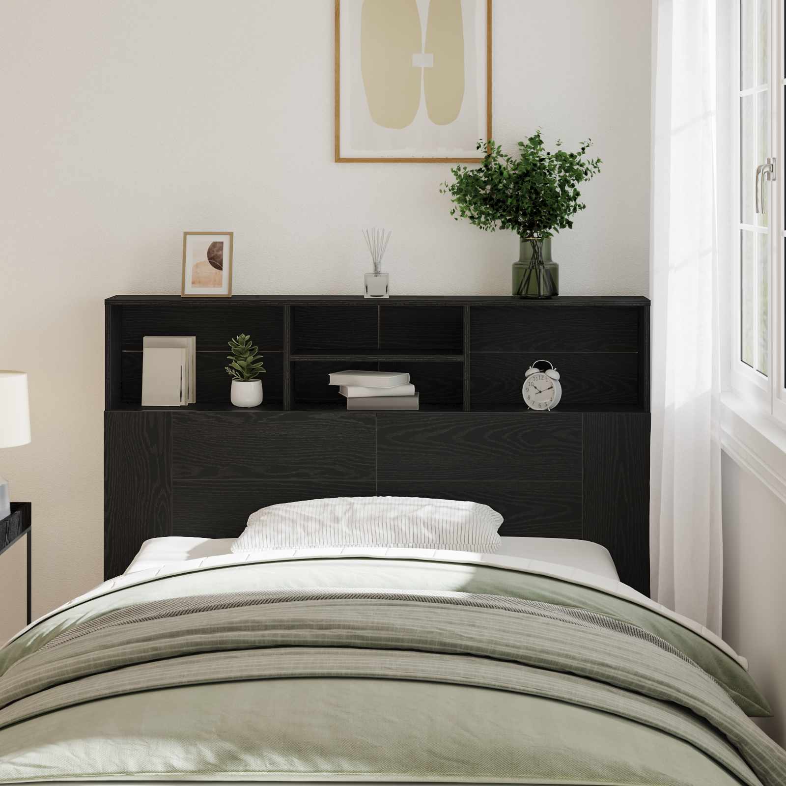 Headboard Cabinet In Finish Wood Material, Modern Bedroom Storage, Space- Headboard, Wooden Bed Frame, For Smart Organization